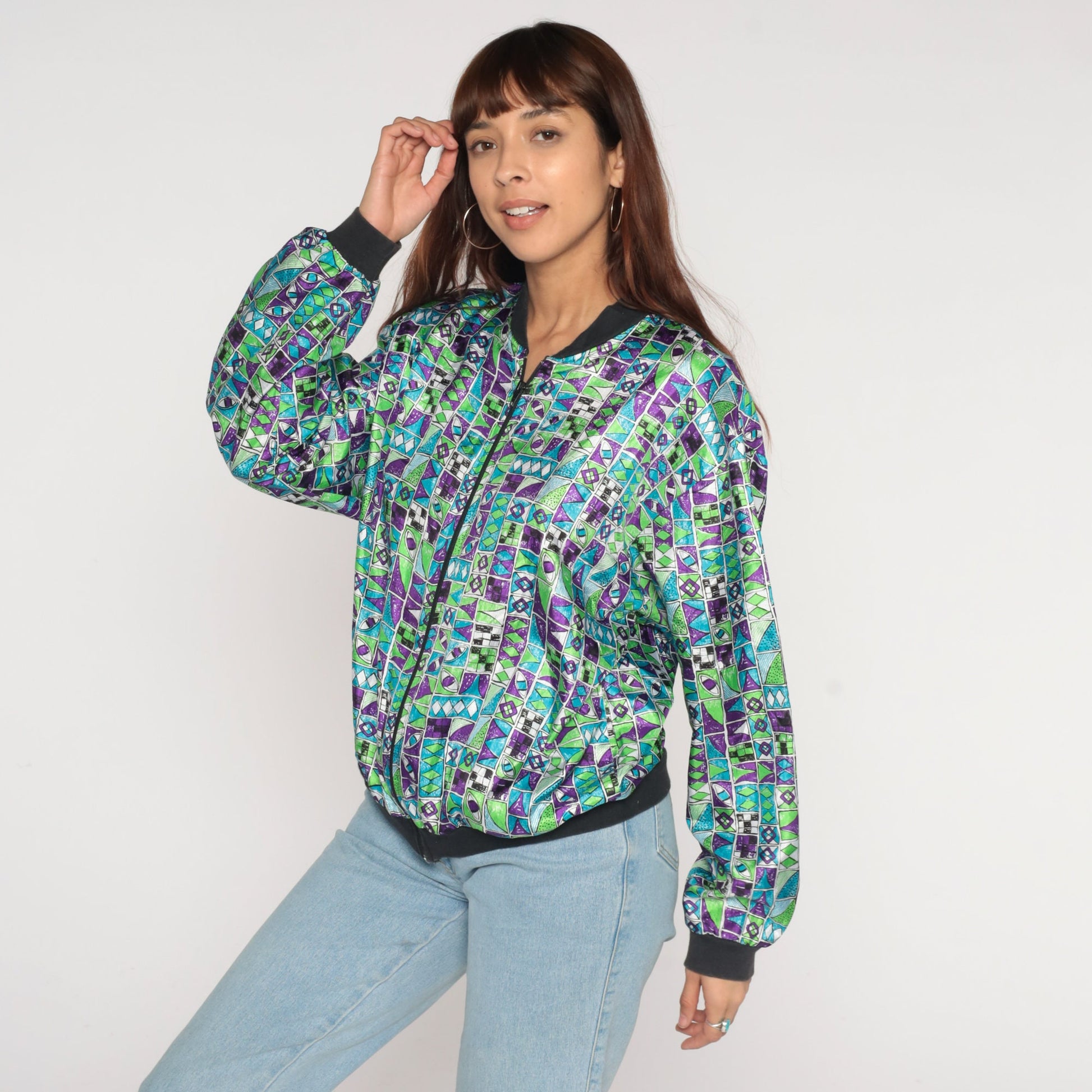 90s Geometric Bomber Jacket Blue Green Purple Zip Windbreaker Men's Medium
