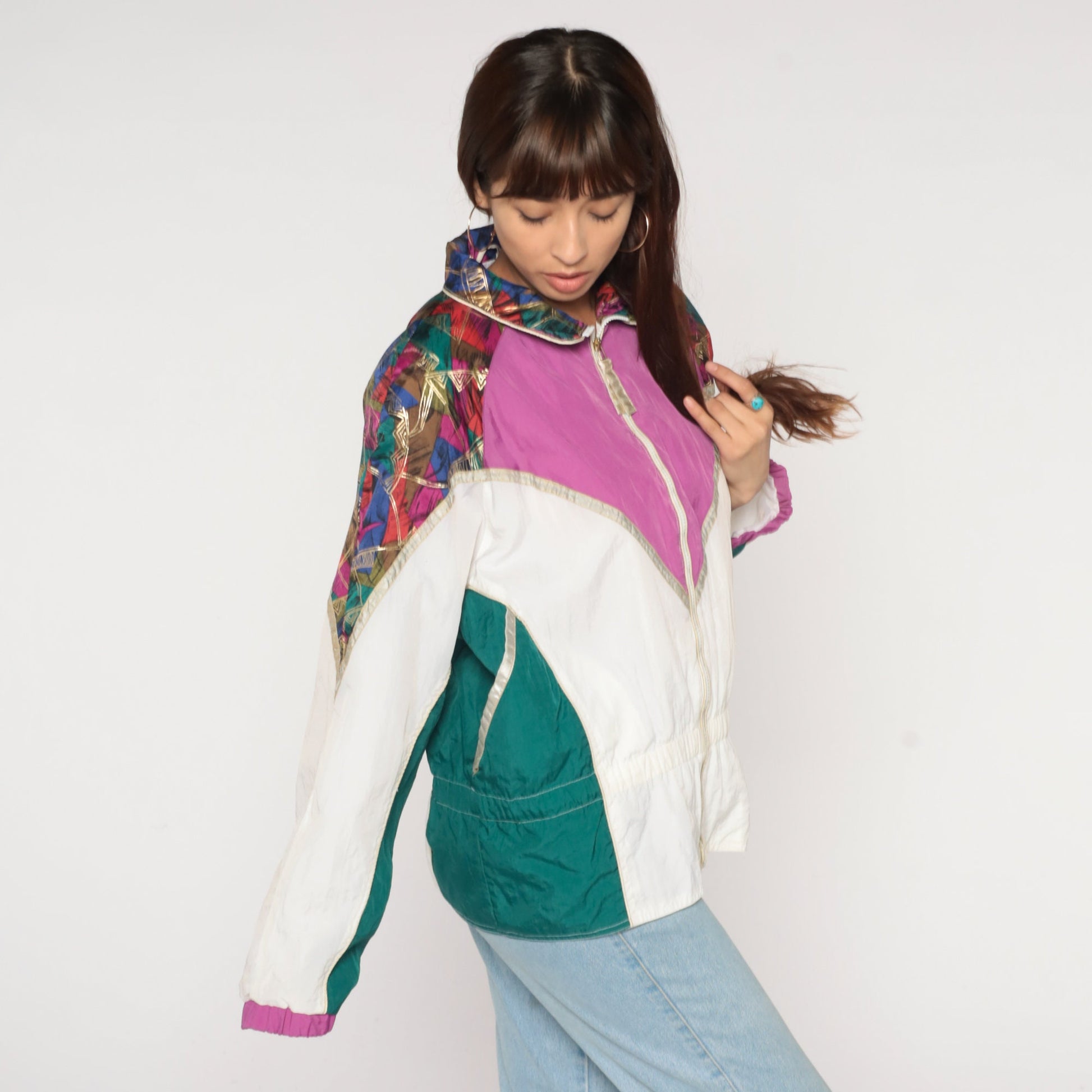 90s Color Block Windbreaker Zip Up Jacket Purple White Green Abstract Nylon Large