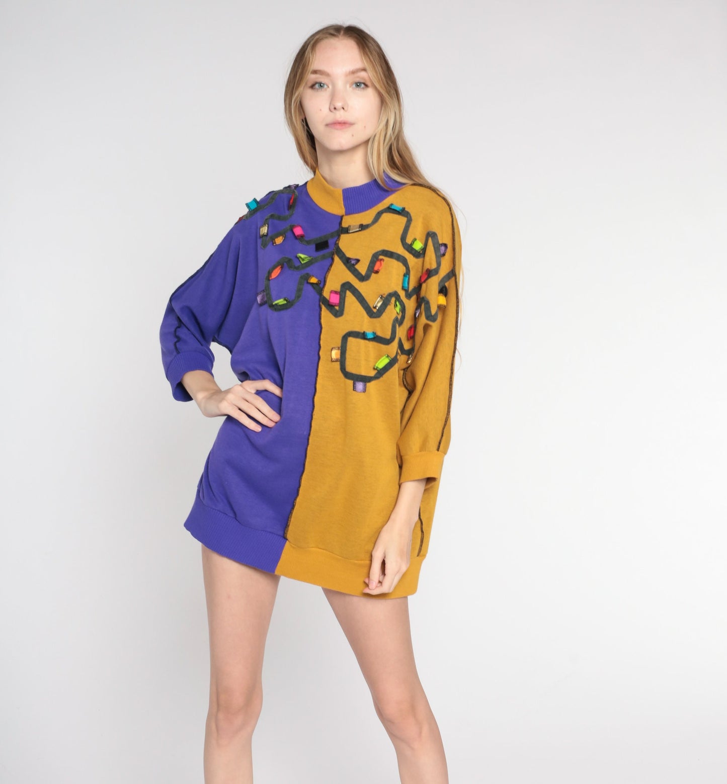 80s Color Block Sweatshirt Purple Mustard Crewneck Pullover Medium M