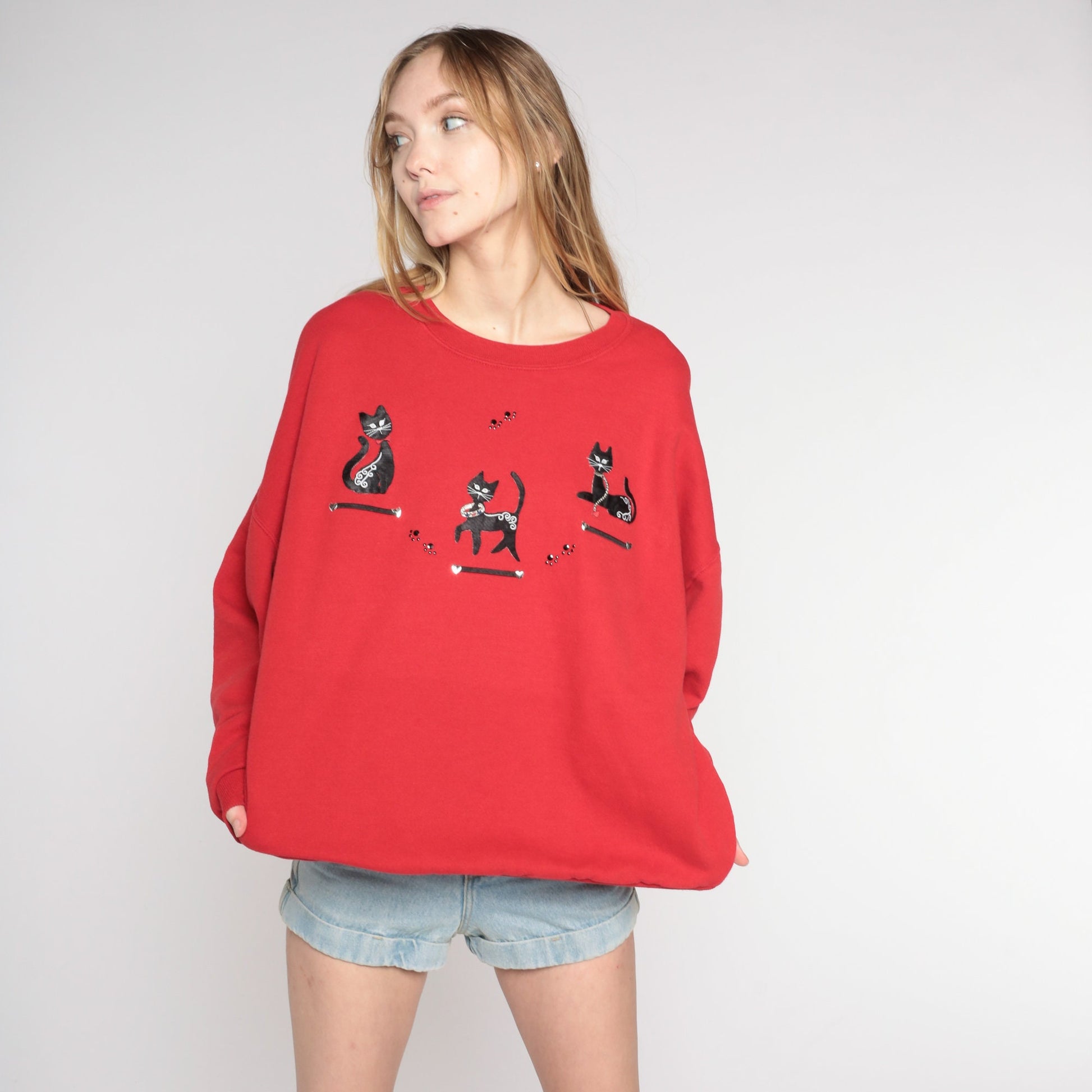 90s Black Cat Rhinestone Red Sweatshirt Plus Size XXL Beaded Paw Print