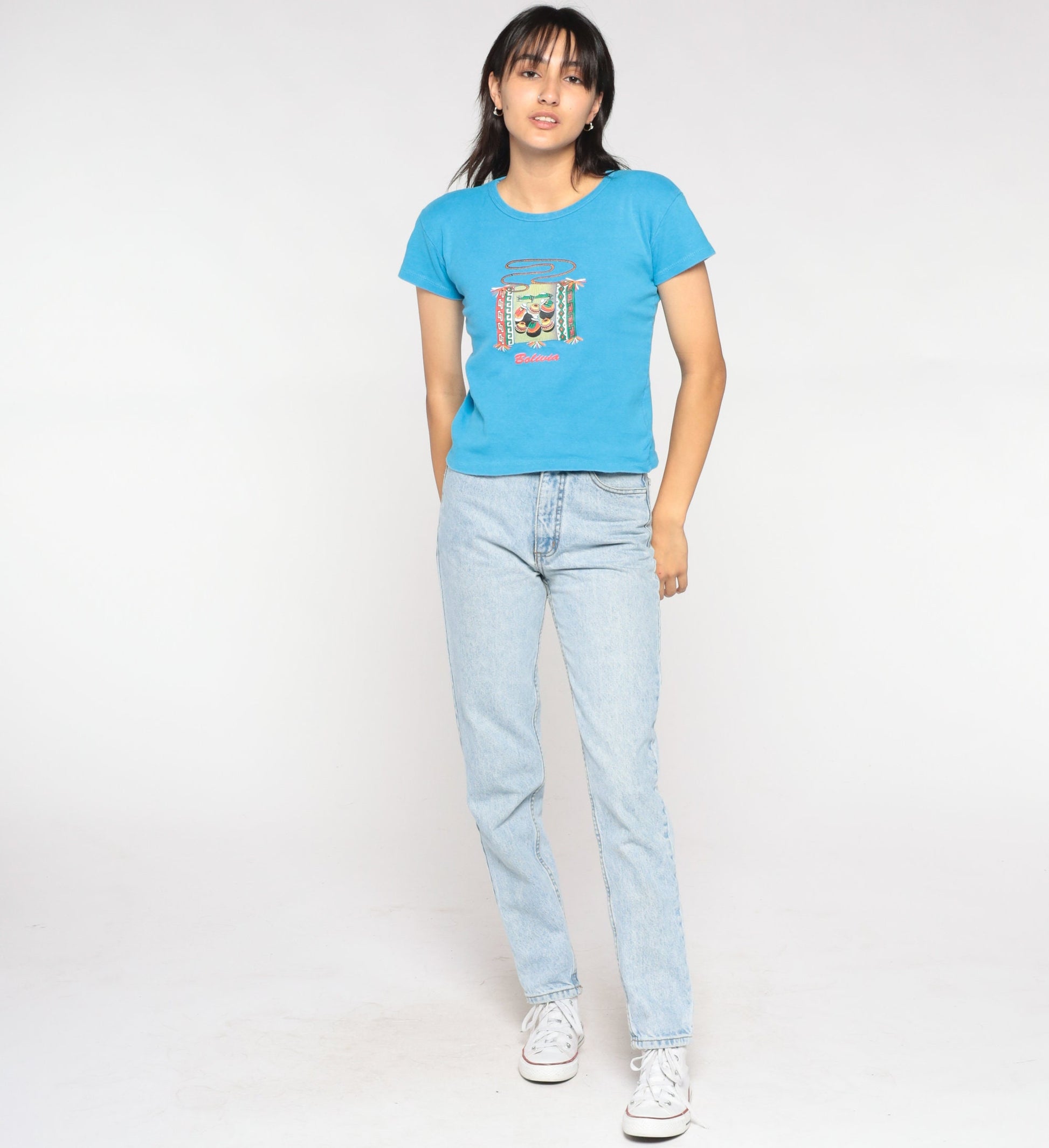 Y2K Bolivia Graphic Baby Tee Blue Bolivian Folk Art Small S