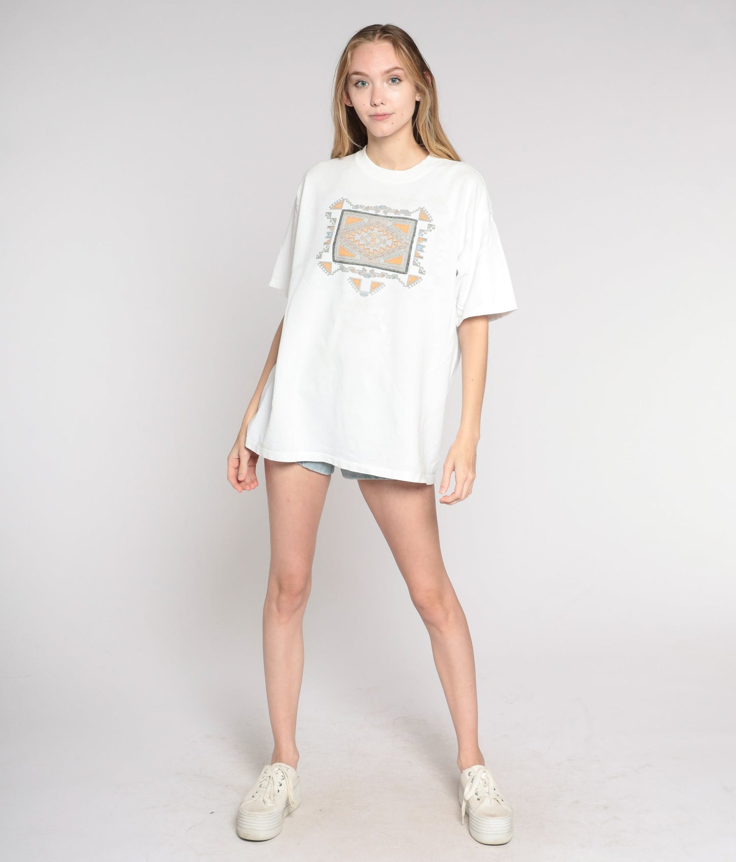 90s Navajo Eye Geometric Print T-Shirt White Cotton Southwestern Graphic Large