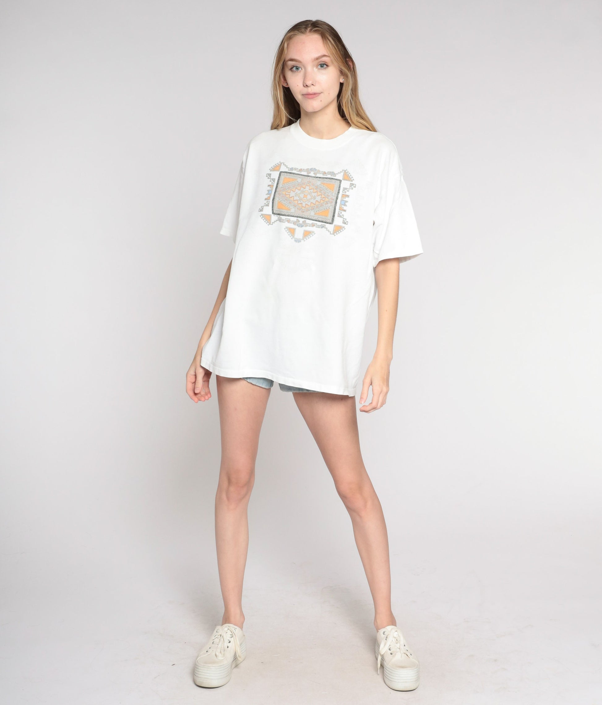 90s Navajo Eye Geometric Print T-Shirt White Cotton Southwestern Graphic Large