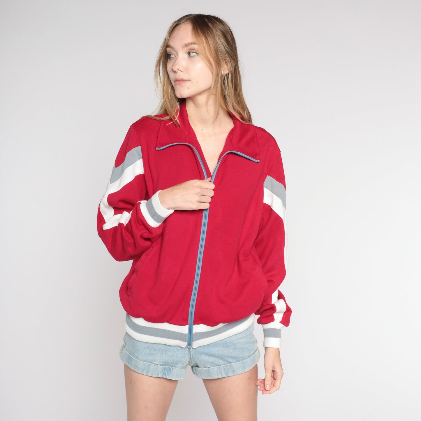 80s Red Striped Track Jacket White Stagg Zip Up Bomber Large L