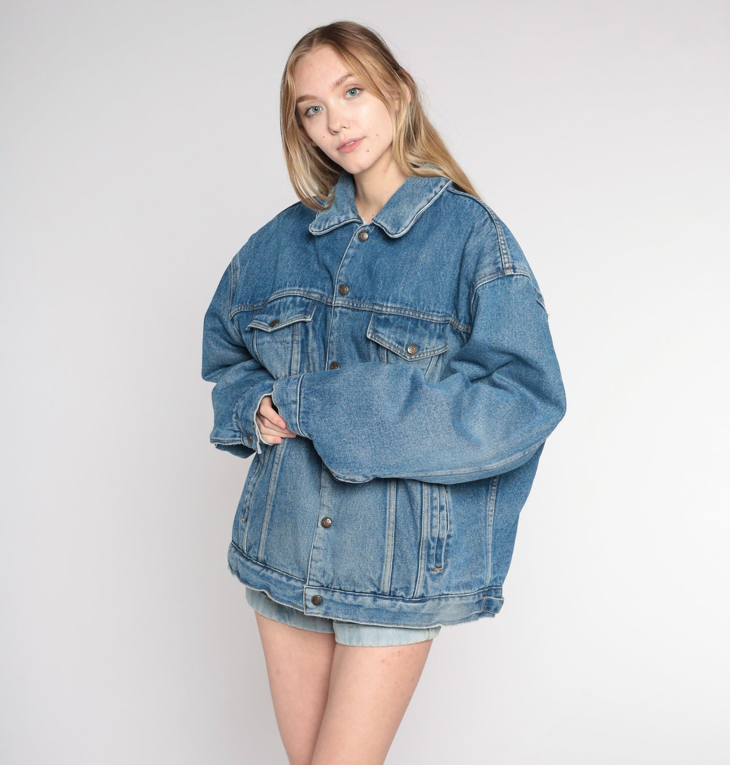 90s Blue Denim Shearling Jacket Faux Sherpa Lined Button Up Extra Large