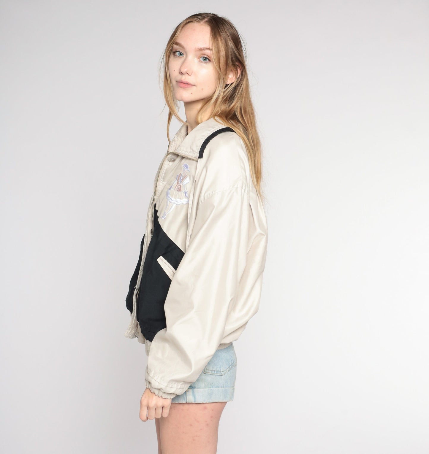 00s Windbreaker Beige Black Color Block Embroidered Ladies Zip Jacket Large L