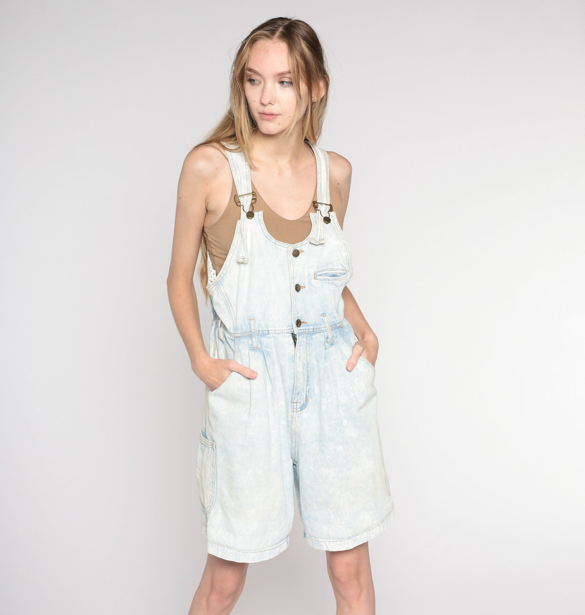 90s London London Acid Wash Denim Shortalls Light Blue Medium M