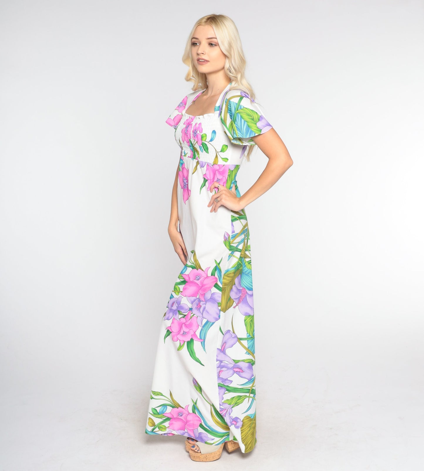 70s Tropical Floral White Maxi Dress Smocked Flutter Sleeve Empire Waist Small Medium
