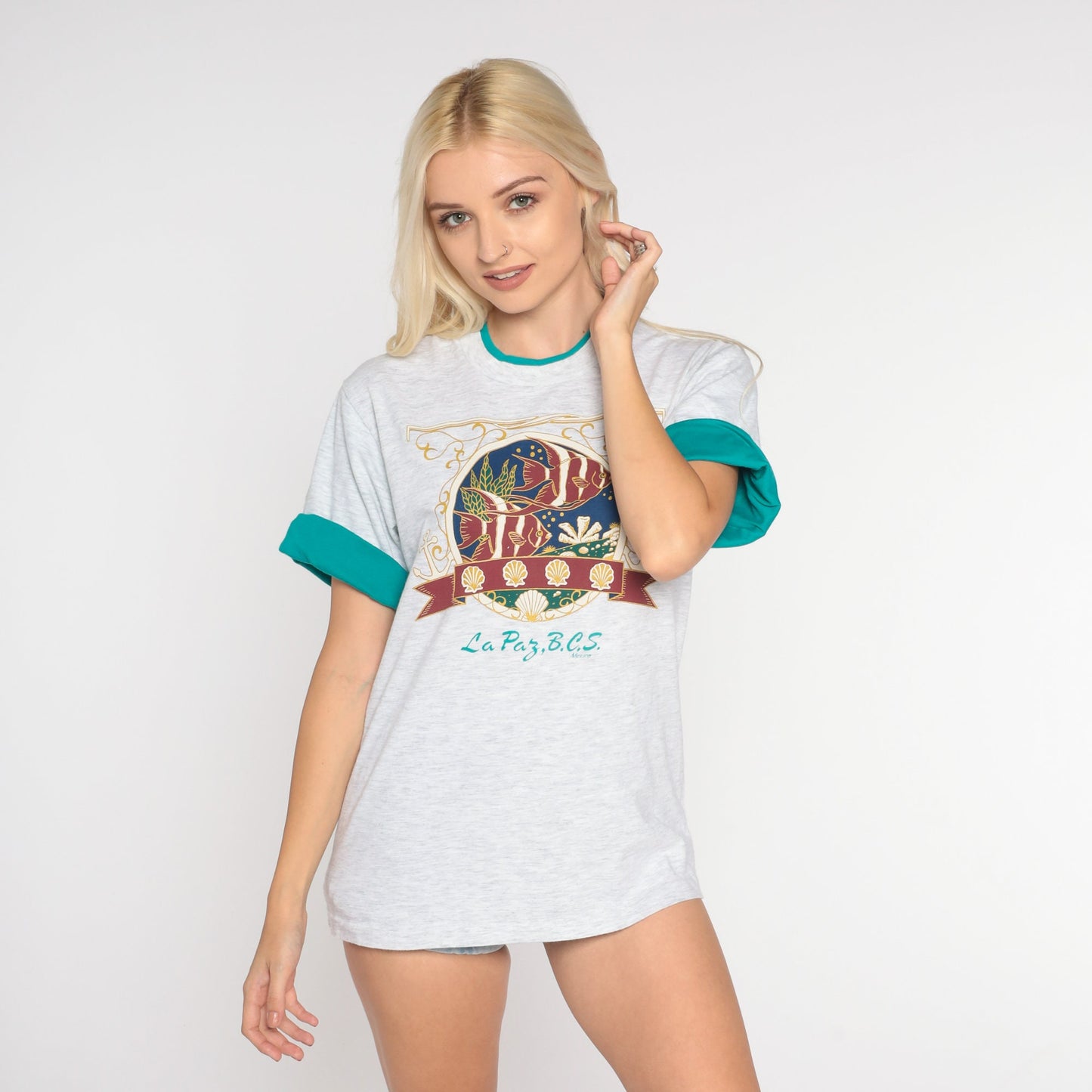 90s La Paz Baja California Tropical Fish Graphic Tee Grey Cuffed Sleeve Small