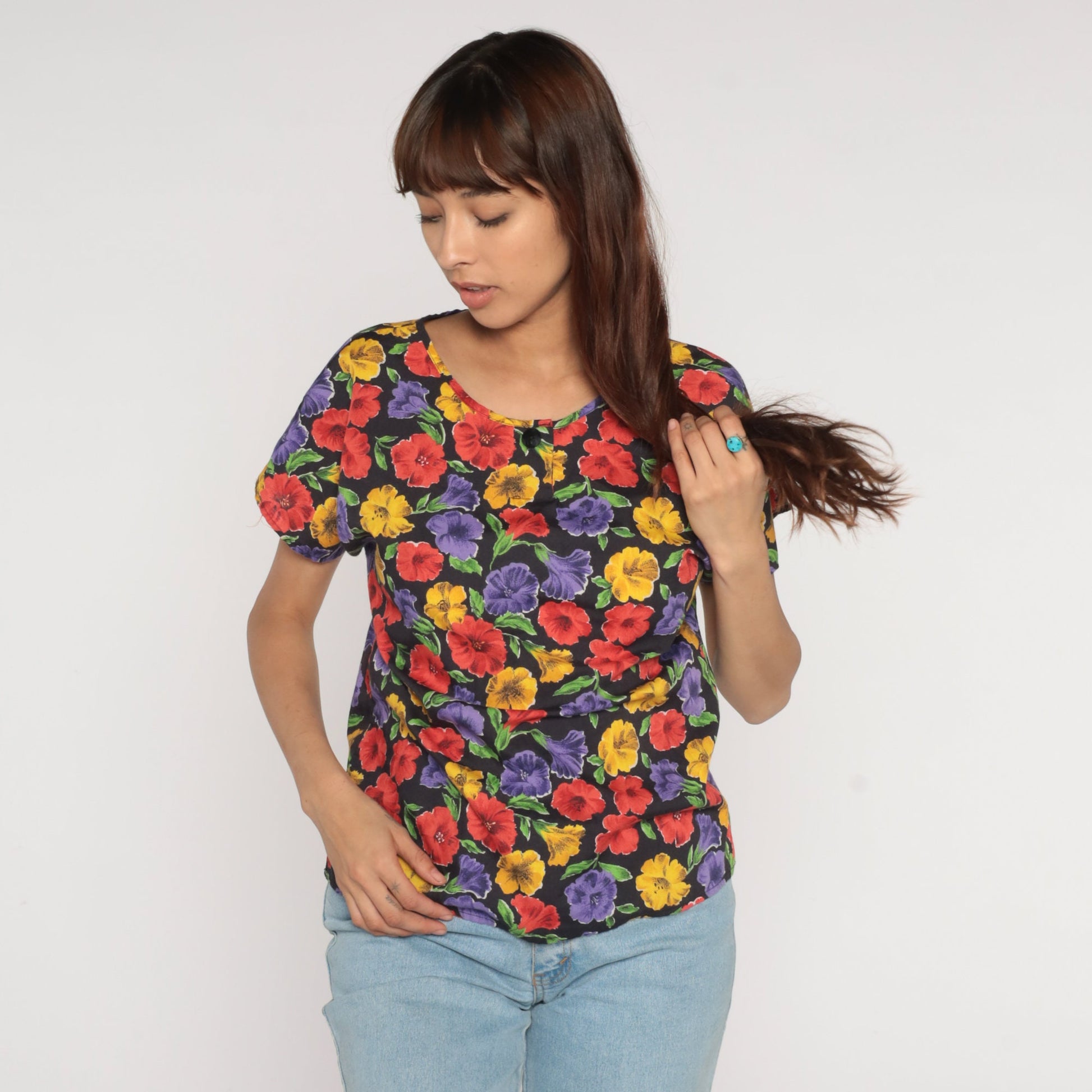 90s Black Floral Print Shirt Short Sleeve Henley Medium M