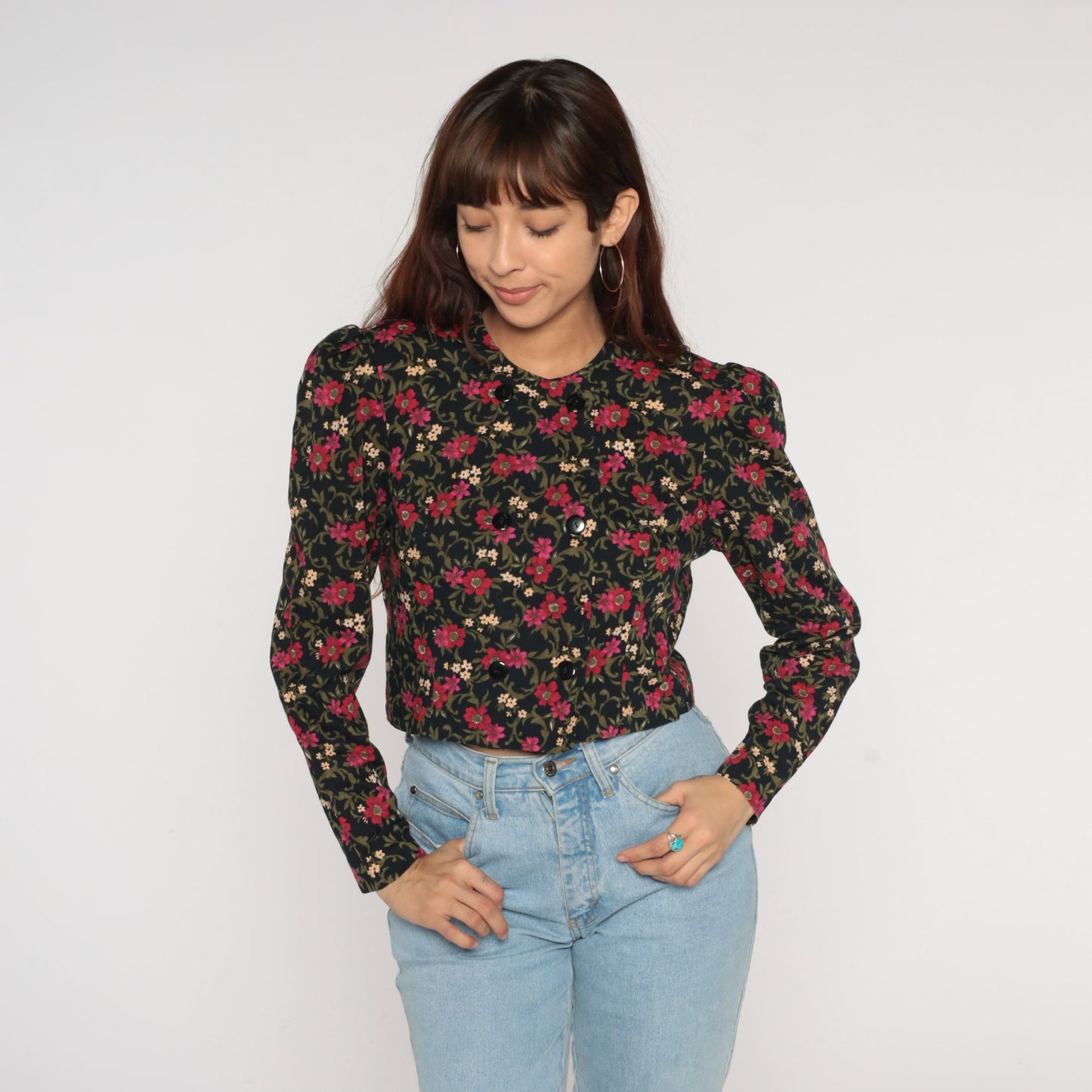 80s Black Floral Puff Sleeve Button-Up Blouse Double Breasted Medium