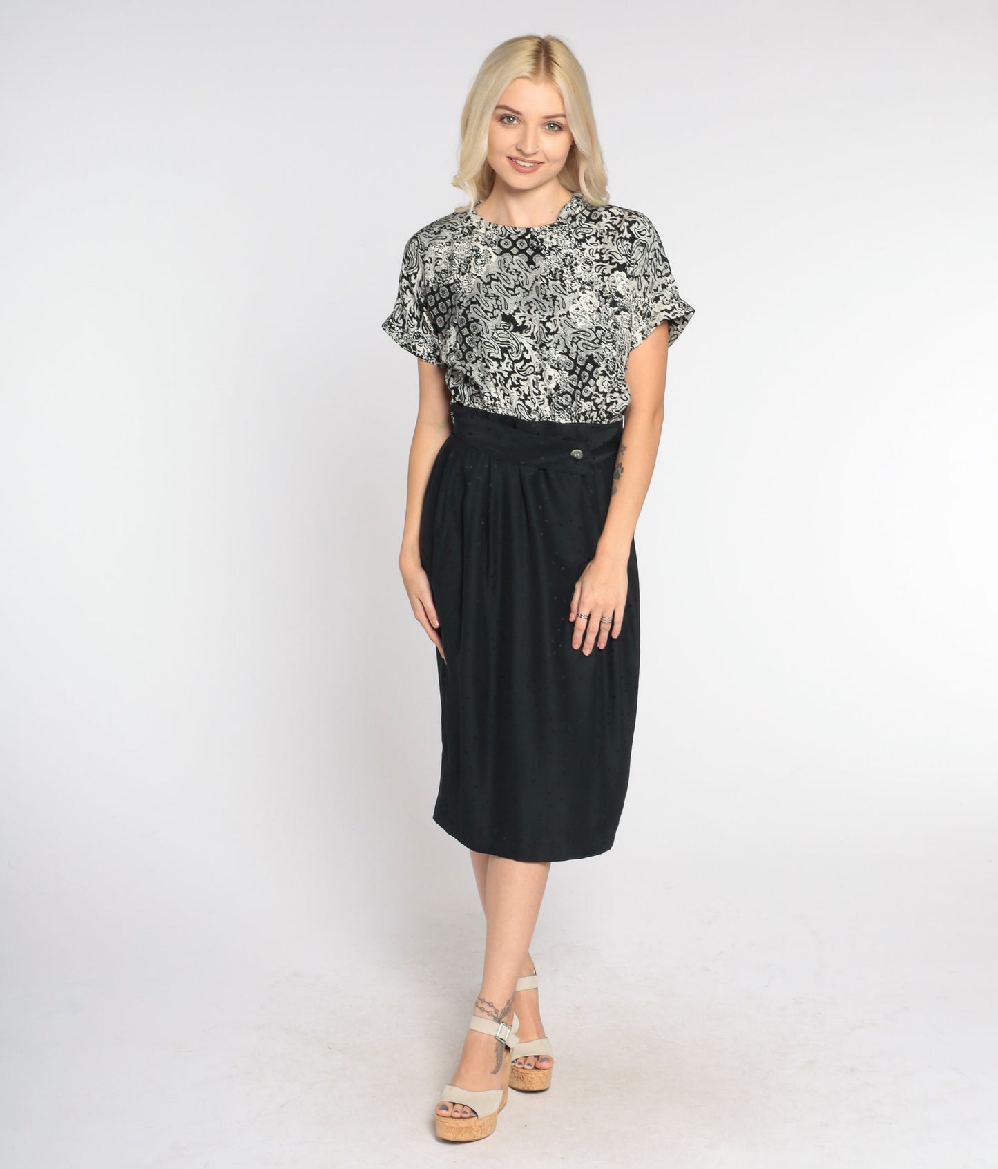 90s Black White Silk Midi Pencil Dress Abstract Floral Paisley Print Small 6