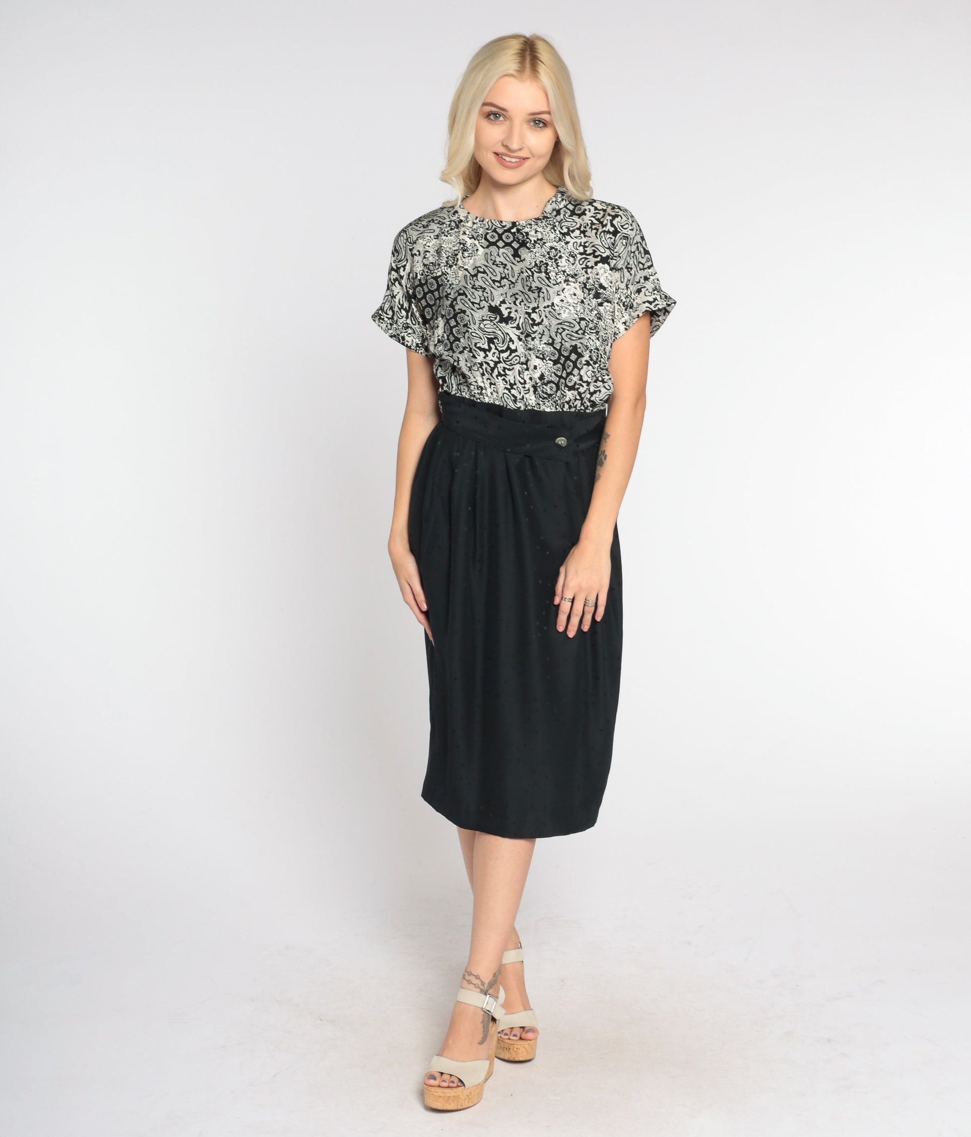 90s Black White Silk Midi Pencil Dress Abstract Floral Paisley Print Small 6