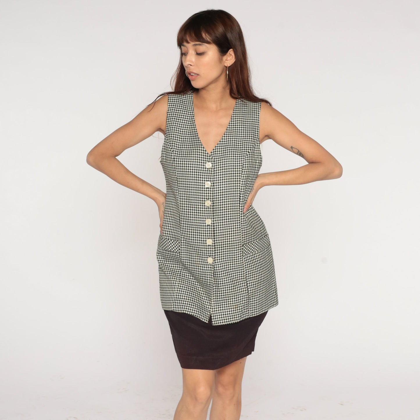 90s Houndstooth Mini Dress with Attached Vest Black White Checkered Small S