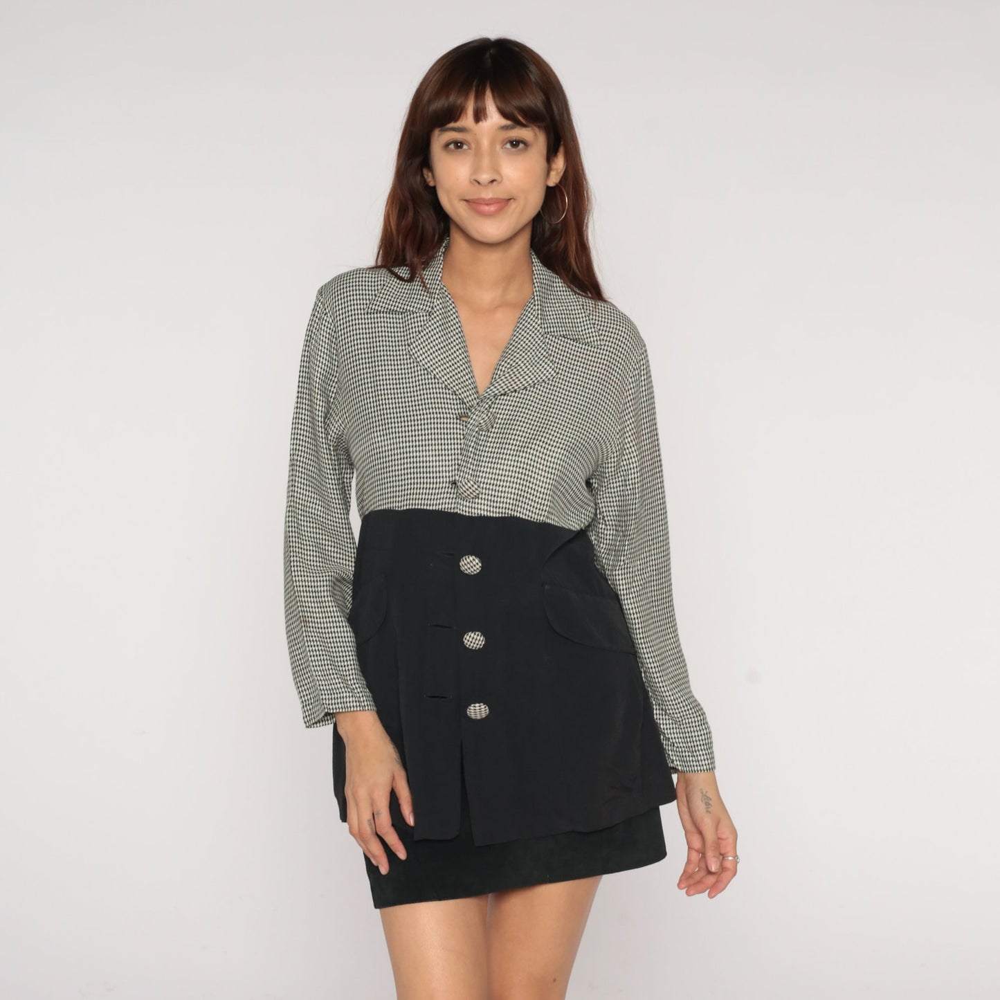 90s Houndstooth Blazer Black White Button-Up Jacket Small S