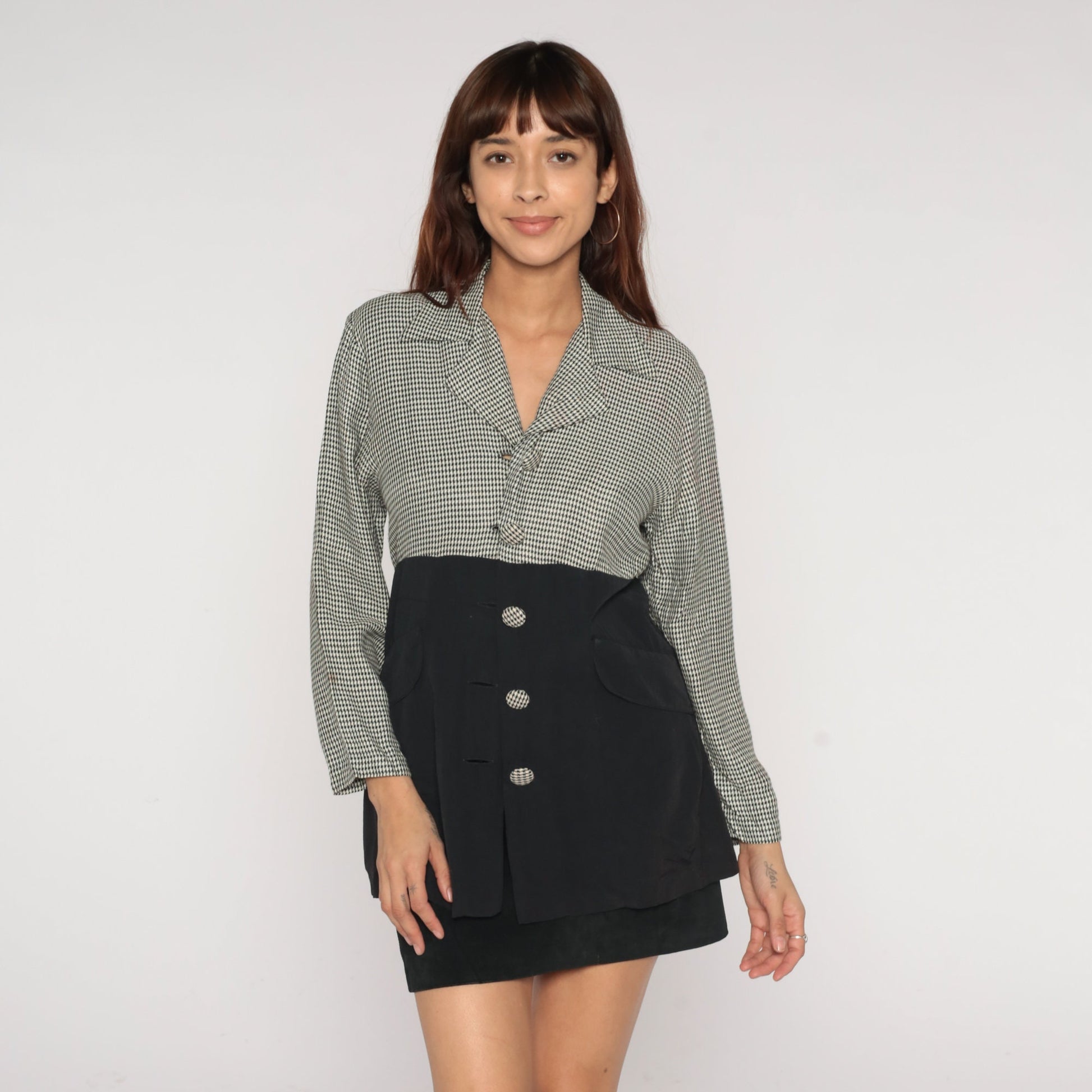 90s Houndstooth Blazer Black White Button-Up Jacket Small S