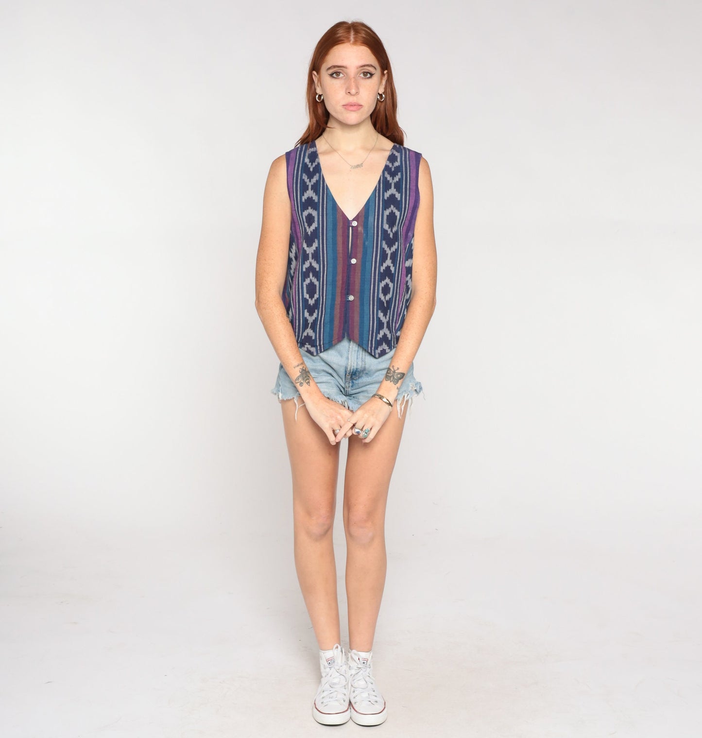 90s Blue Ikat Striped Button-Up Vest Cotton Sleeveless Top Medium