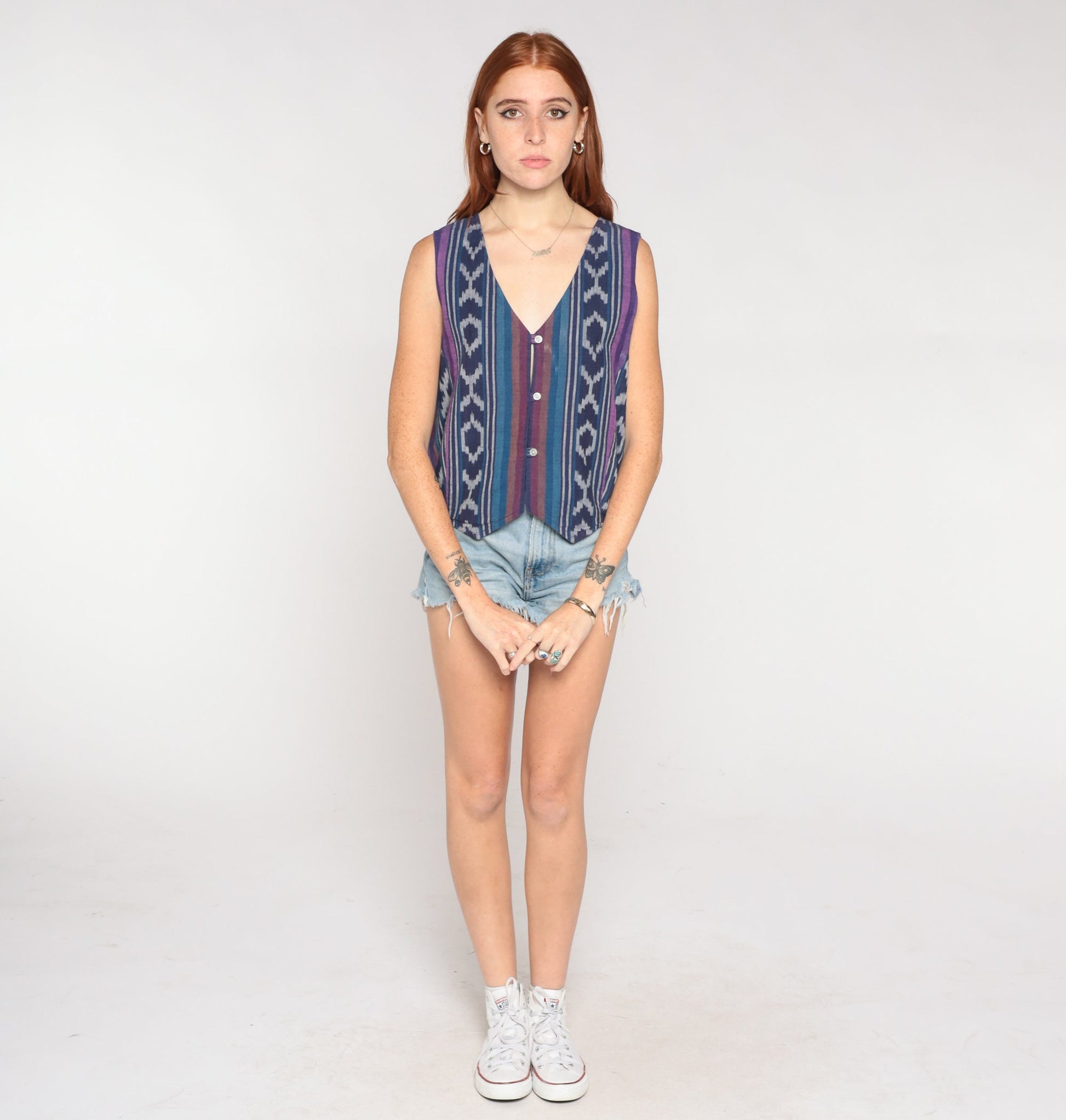 90s Blue Ikat Striped Button-Up Vest Cotton Sleeveless Top Medium