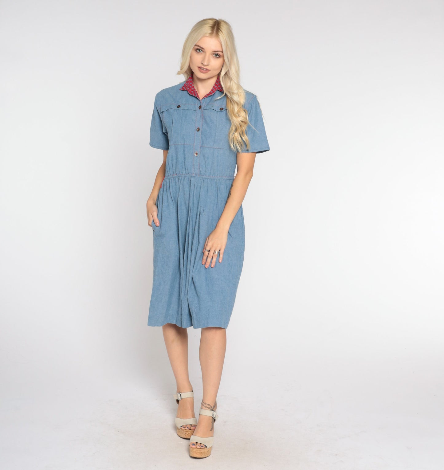 80s Blue Denim Mini Dress Red Collar Button-Up High Waist Small Medium