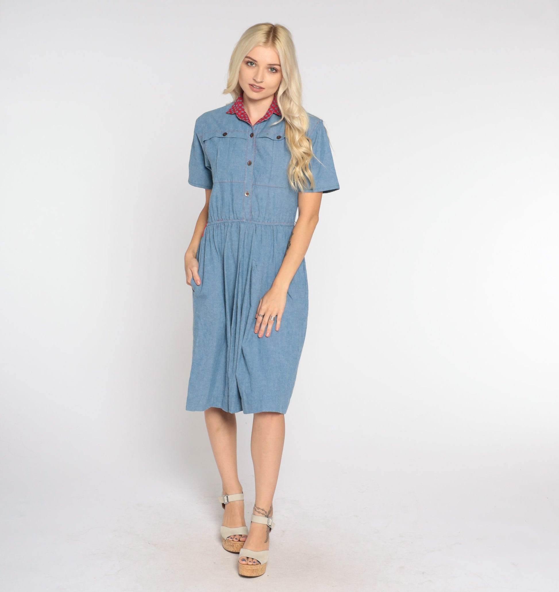80s Blue Denim Mini Dress Red Collar Button-Up High Waist Small Medium