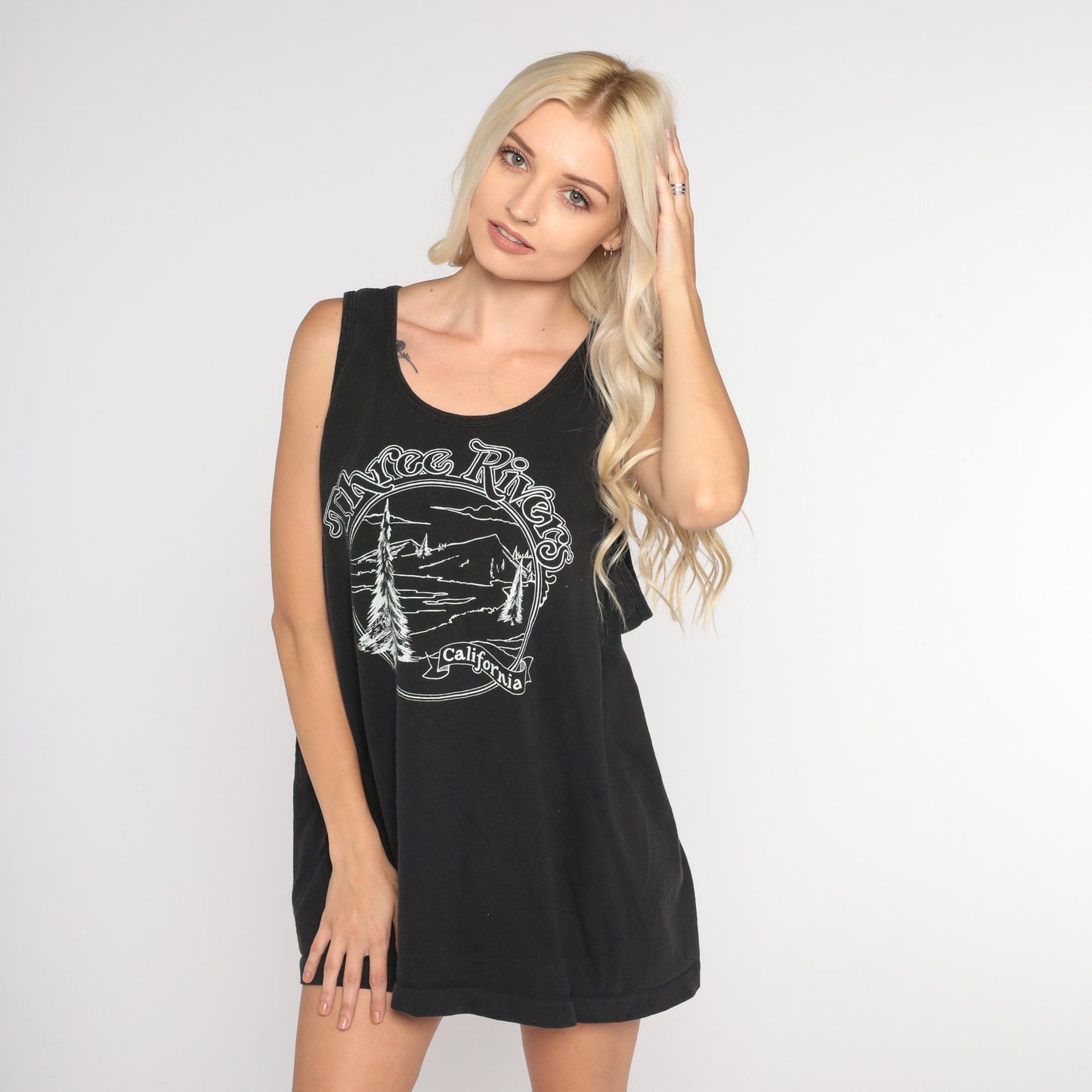 90s Three Rivers California Tank Top Forest Graphic Black Cotton Extra Large