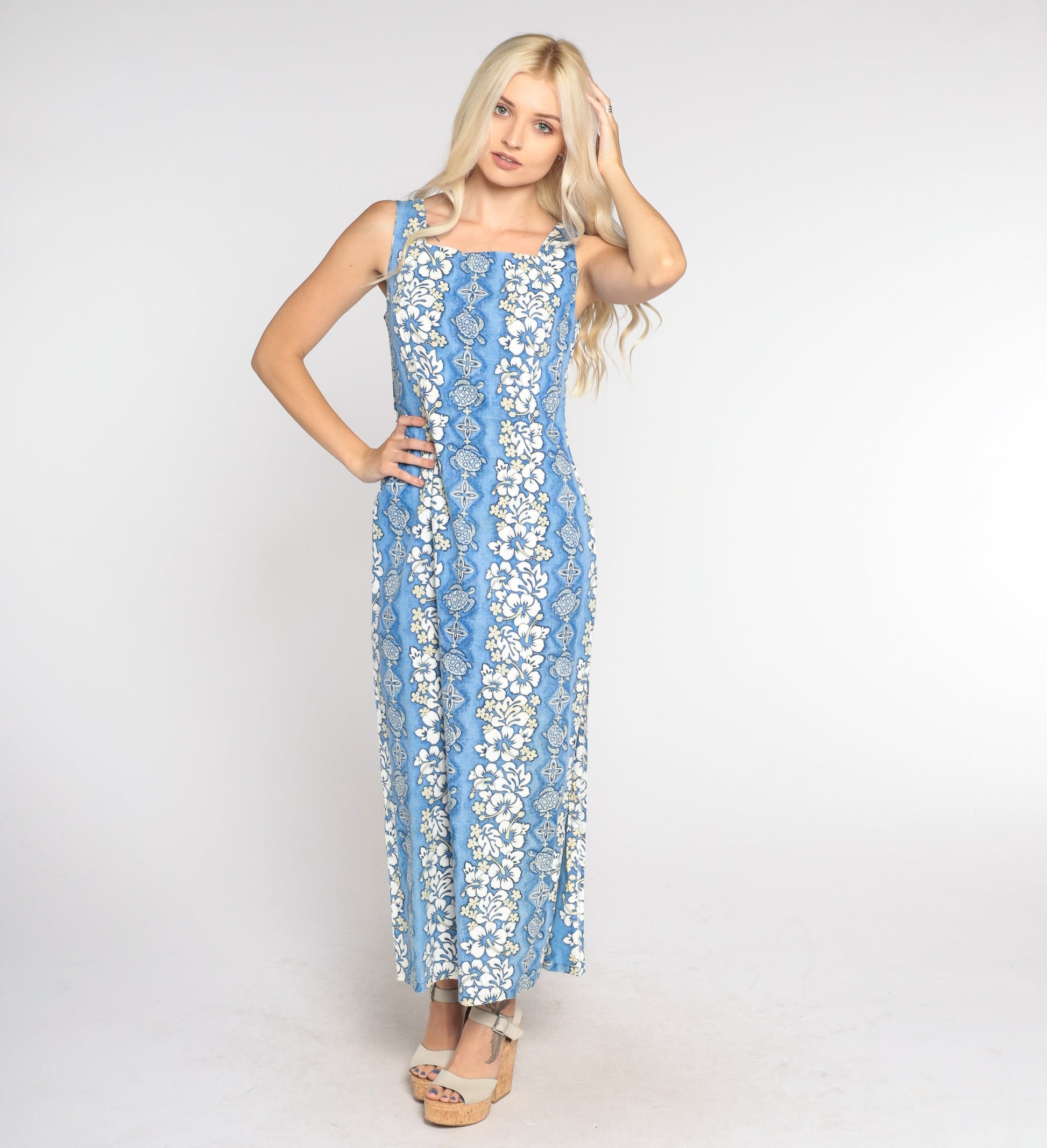 90s Blue Hawaiian Turtle Floral Midi Dress Sleeveless Extra Small XS