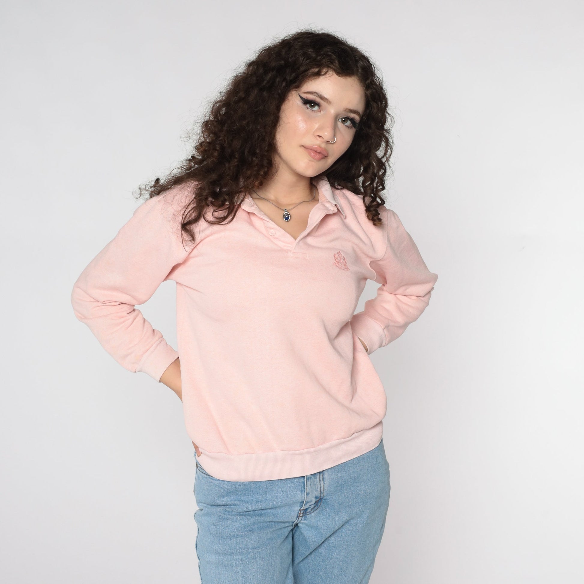80s Anchor Crest Polo Sweatshirt Baby Pink Nautical Button Neck Small
