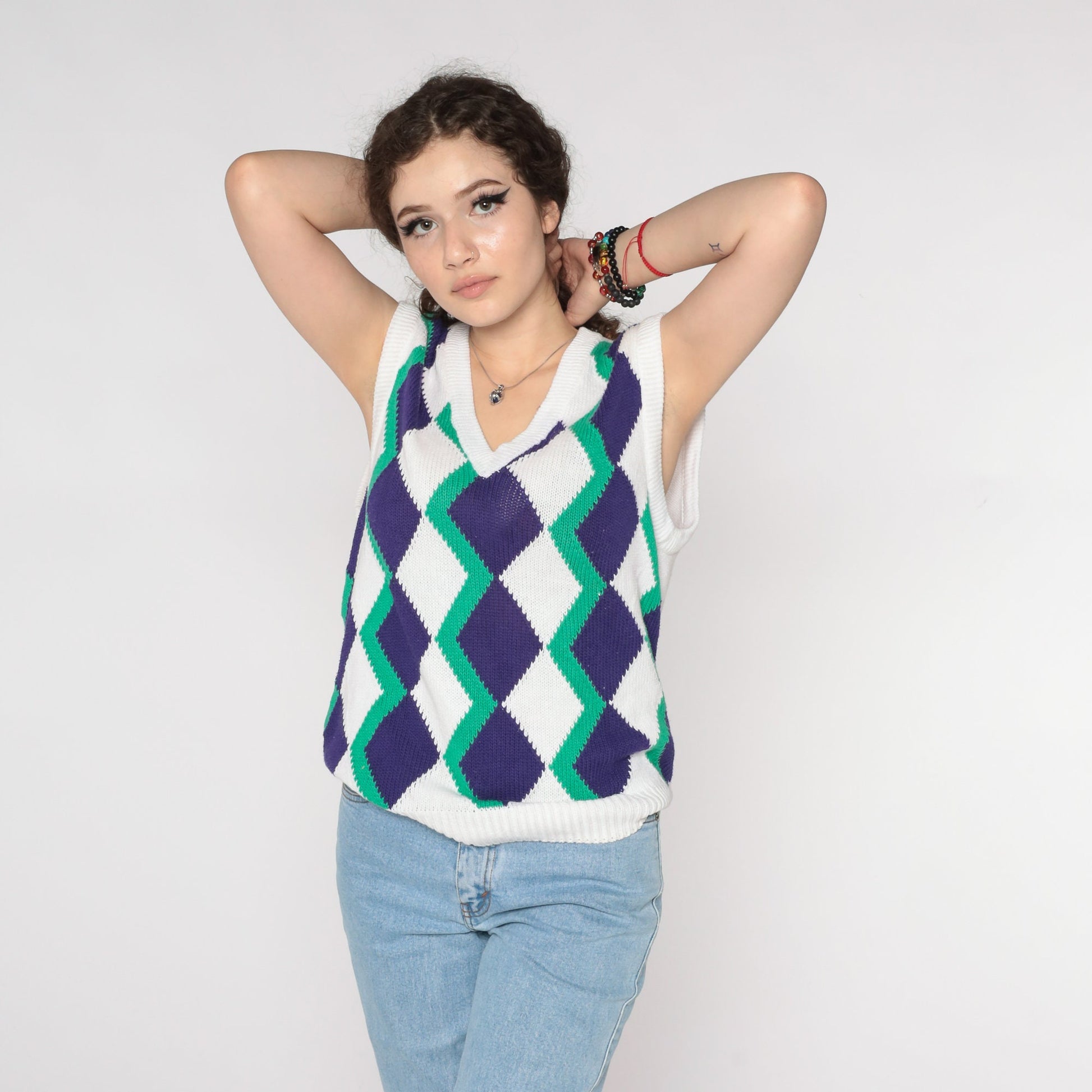 90s Geometric Diamond Sweater Vest White V-Neck Sleeveless Knit Large