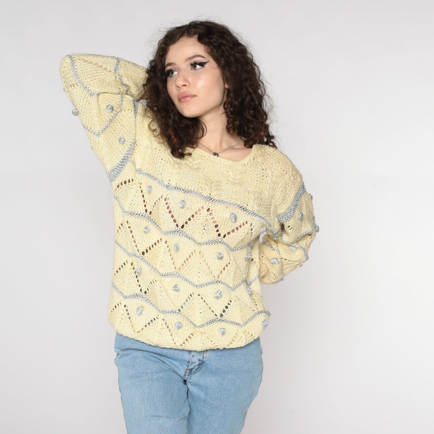 80s Metallic Cream Sweater Silver Sheer Pointelle Knit Cable Medium
