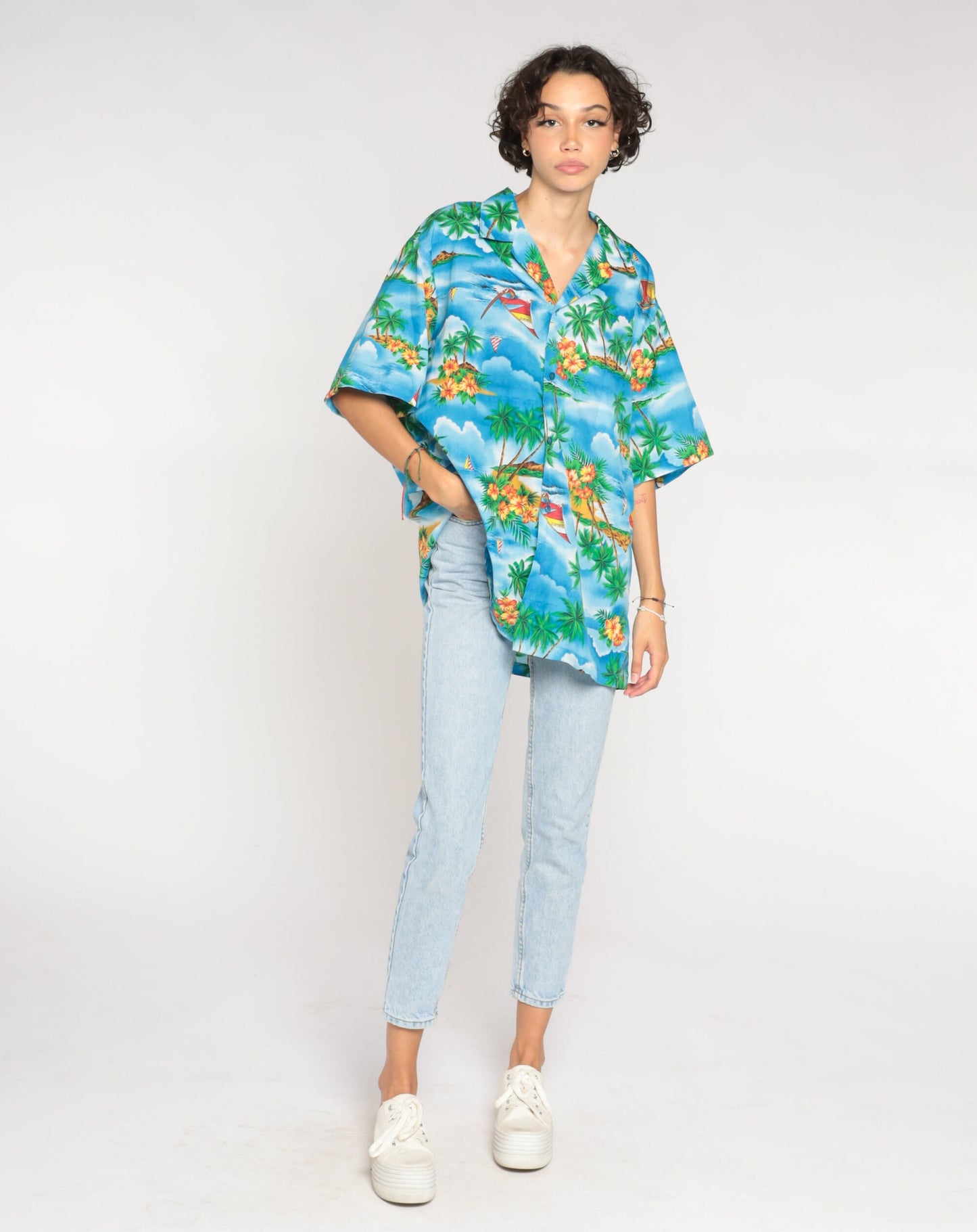 90s Blue Hawaiian Shirt Sailboat Palm Tree Print Button Up Mens XXL