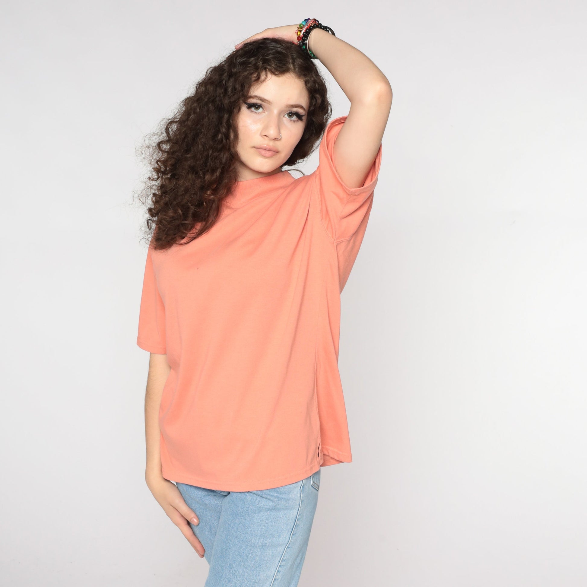 90s Orange Mock Neck T-Shirt Plain Tee Cotton Blend Large L