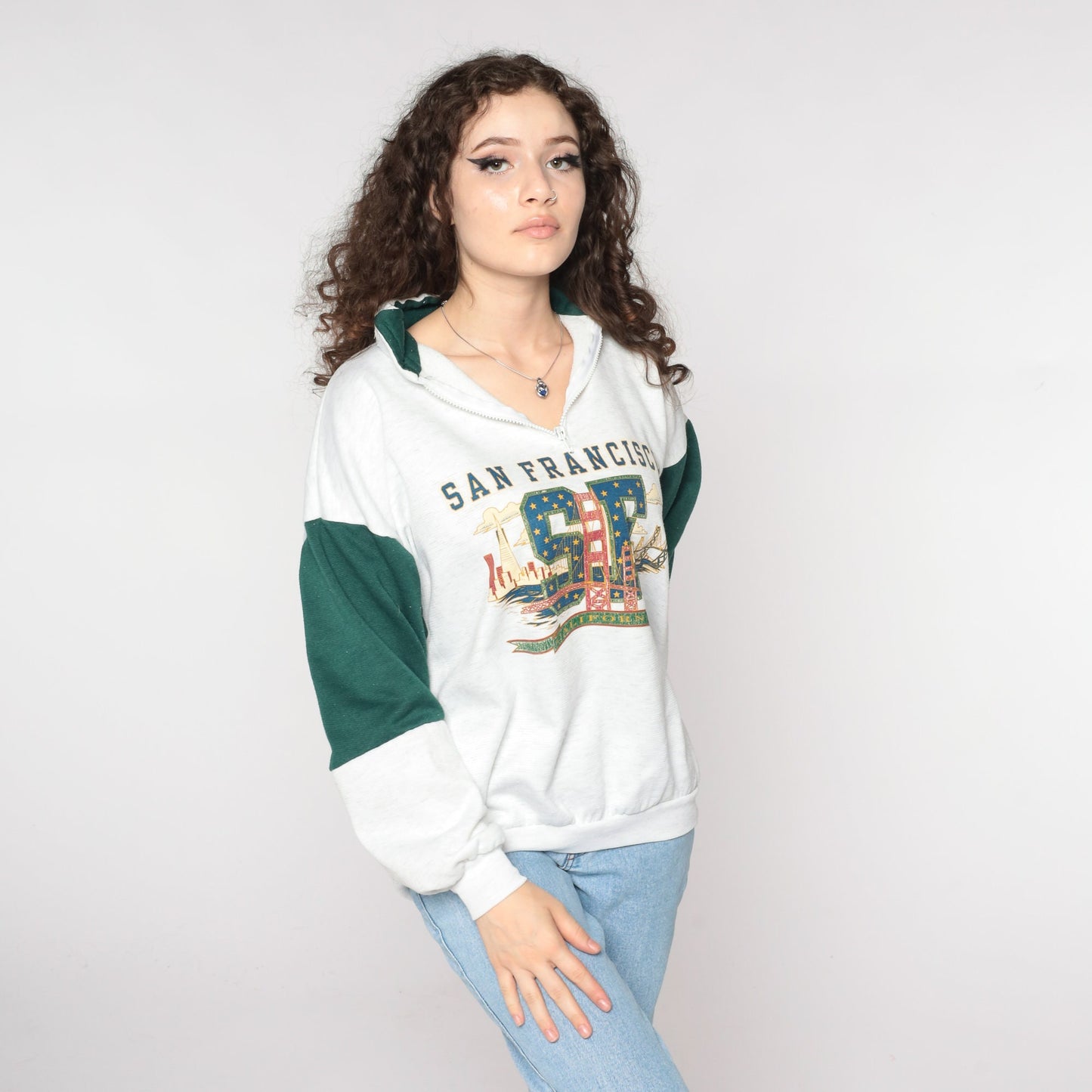 90s San Francisco Golden Gate Bridge Quarter Zip Sweatshirt Grey Large L