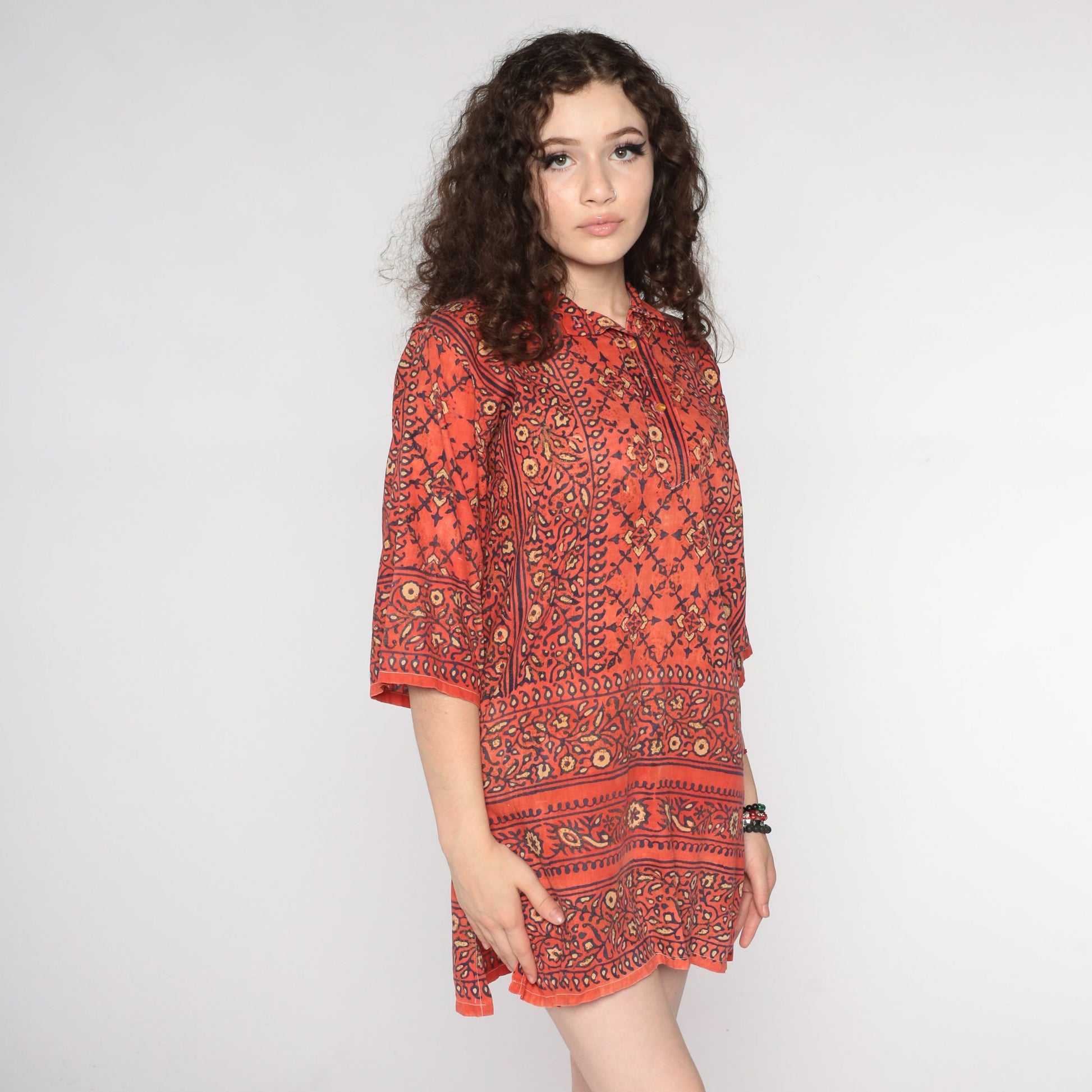 80s Floral Orange Blue Gold Tunic Dress Sheer Button Up Small