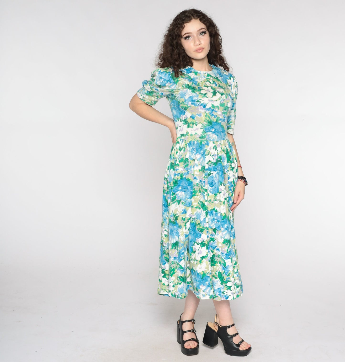 80s Floral Midi Dress Puff Sleeve Blue Green Watercolor Print Small Medium
