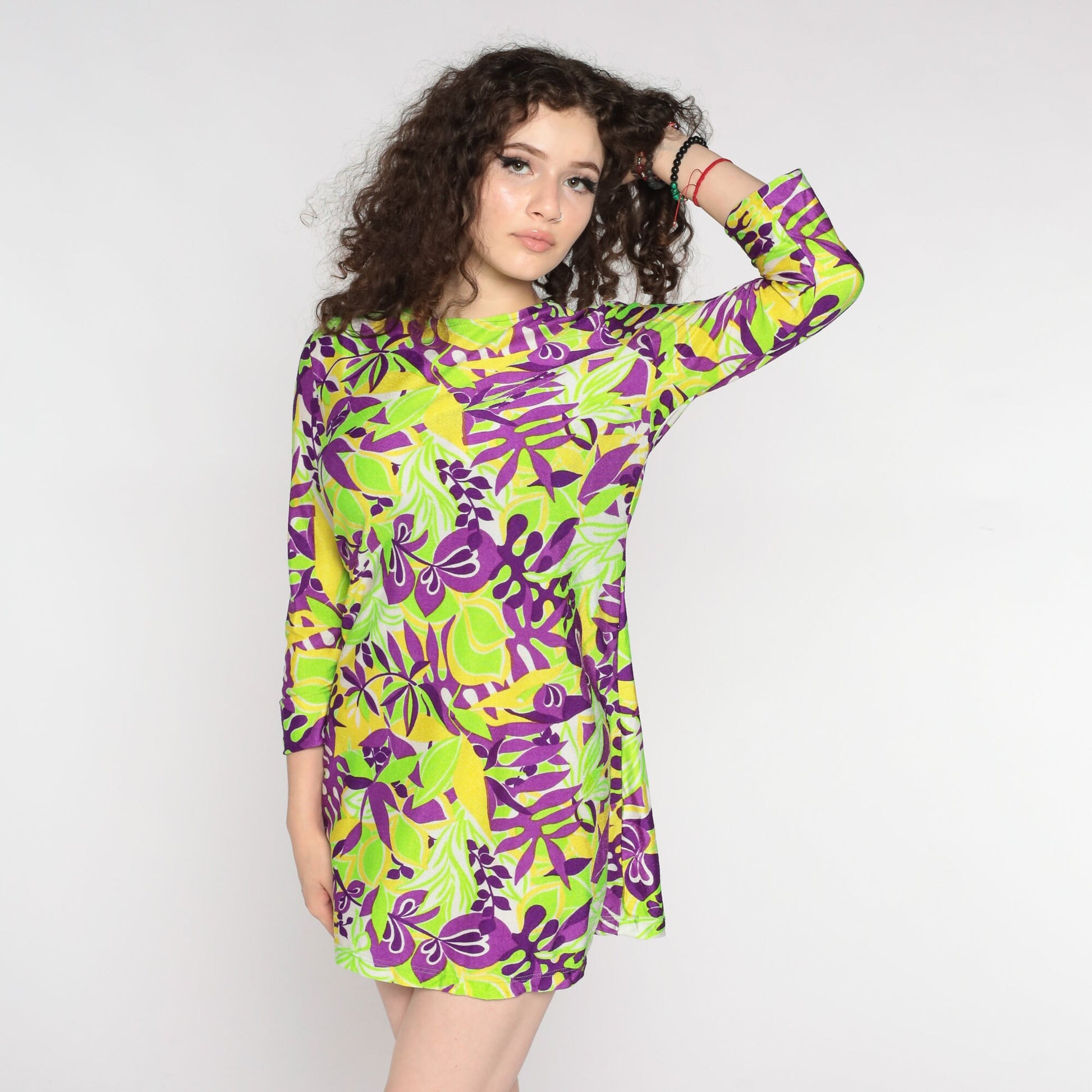 60s Psychedelic Leaf Print Mini Dress Long Sleeve Shift Green Purple Small