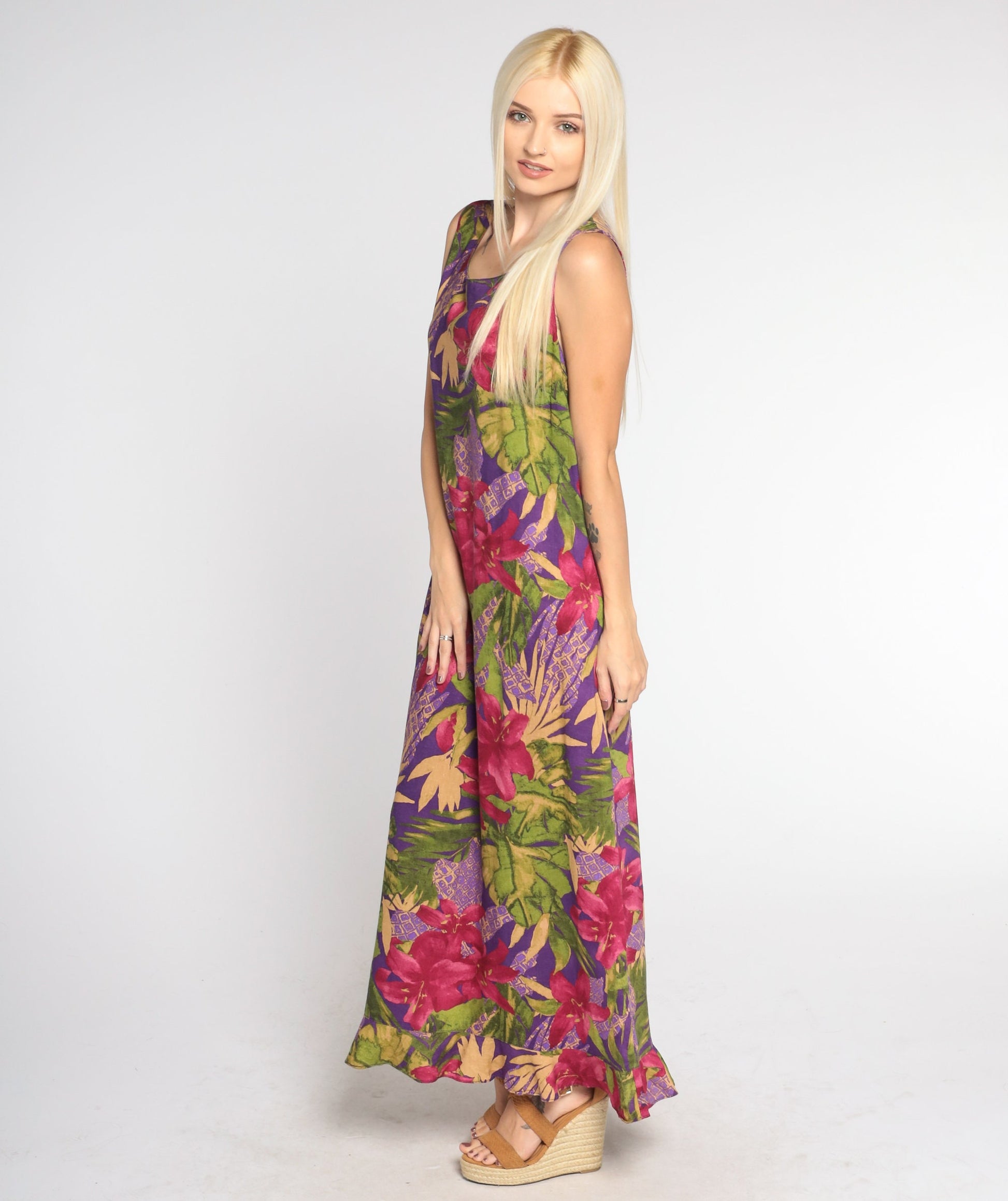 Y2K Purple Tropical Floral Maxi Dress Hibiscus Leaf Print Sleeveless Medium Large