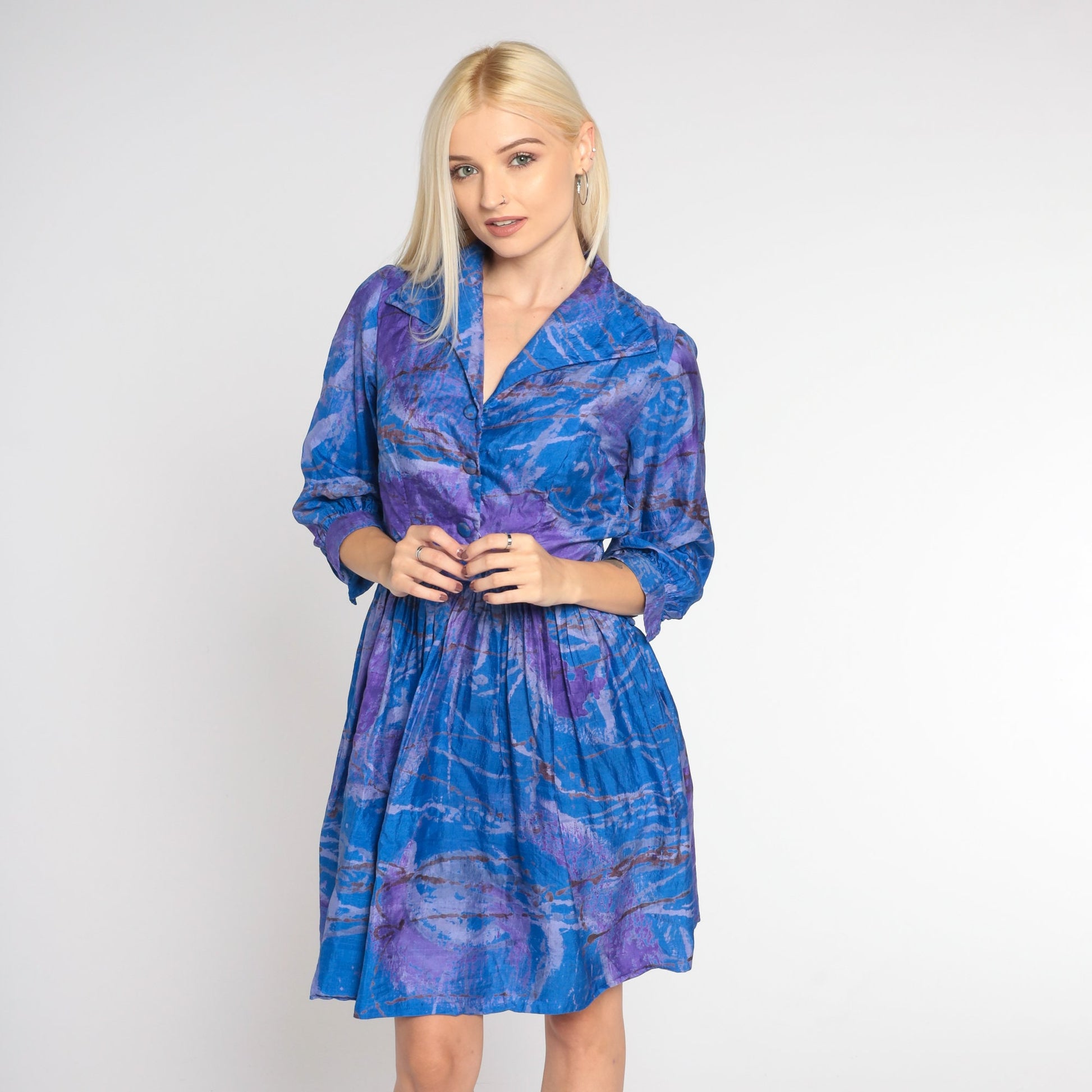 60s Blue Purple Silk Marble Mini Dress Collared Button-Up Shirtwaist Extra Small