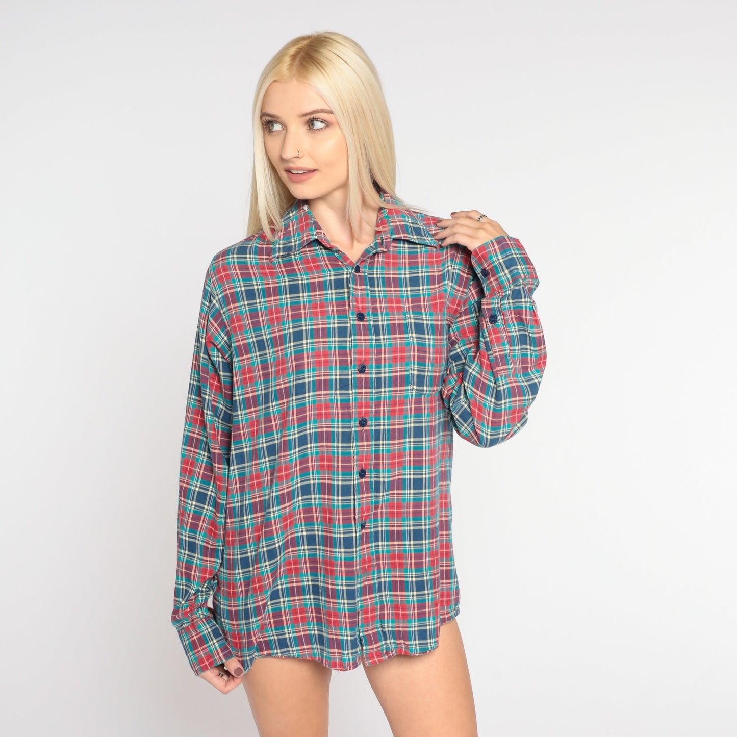 80s Blue Red Plaid Cotton Button-Up Shirt Long Sleeve Collared Small
