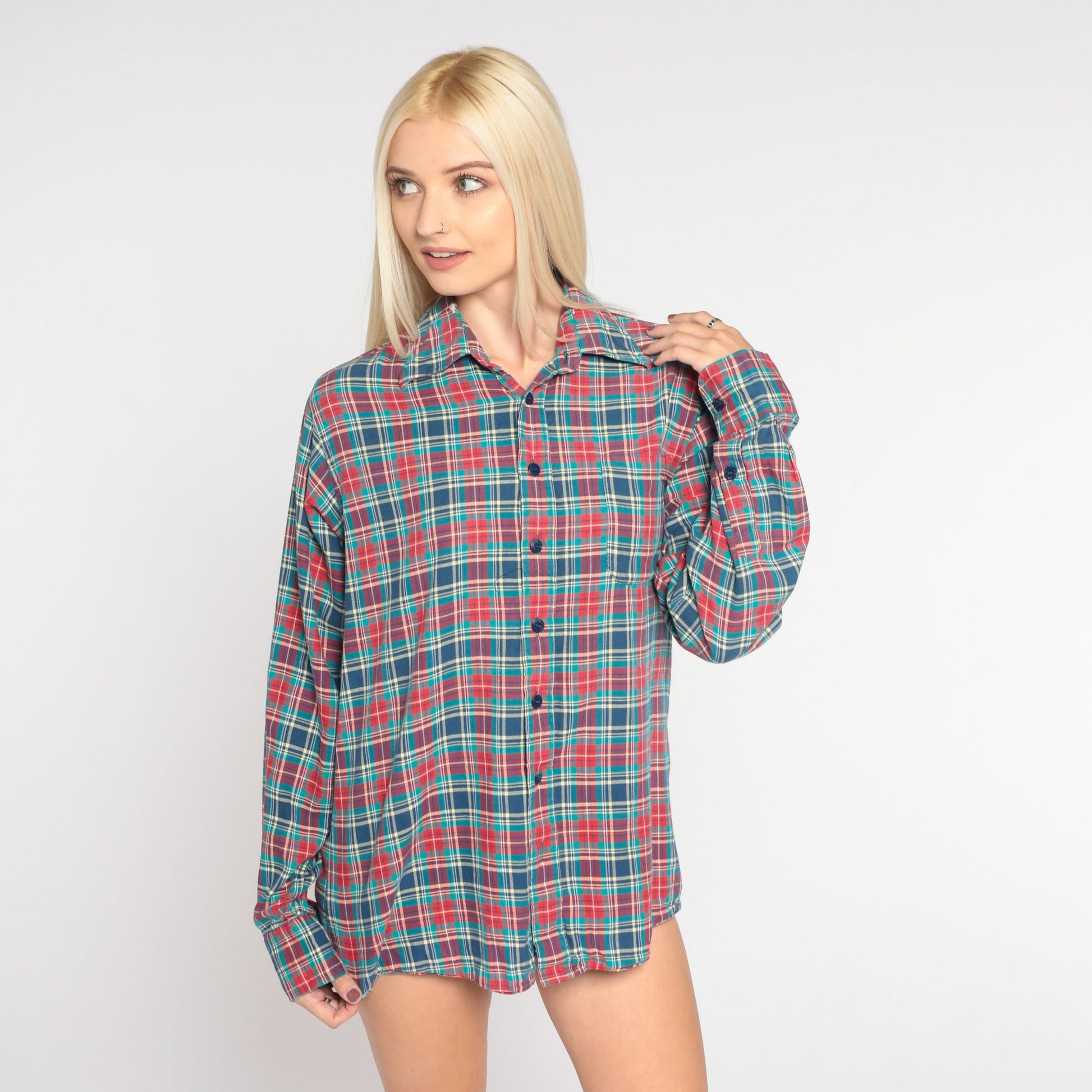 80s Blue Red Plaid Cotton Button-Up Shirt Long Sleeve Collared Small