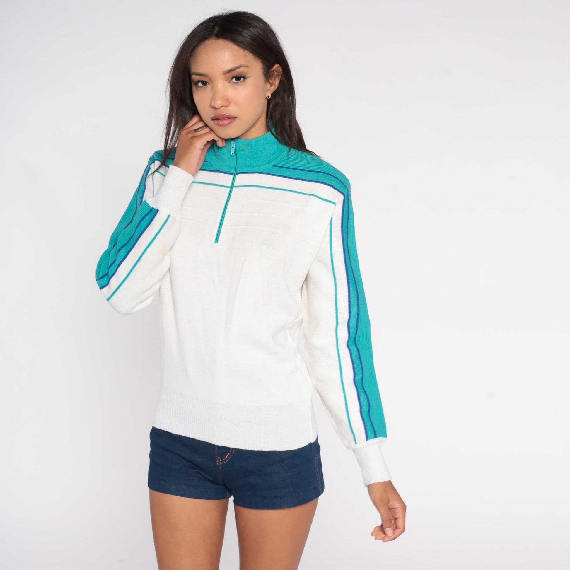 80s Meister Quarter Zip Sweater White Wool Blend Striped Knit Small S