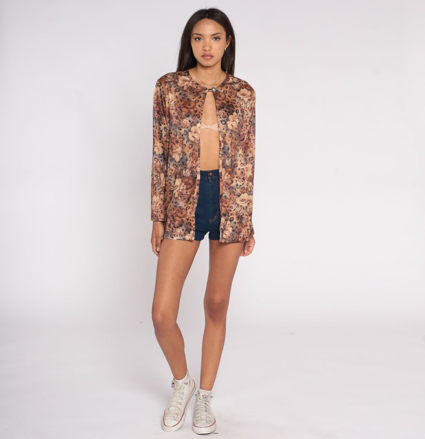 80s Floral Leopard Print Long Sleeve Blouse Animal Print Shirt Large