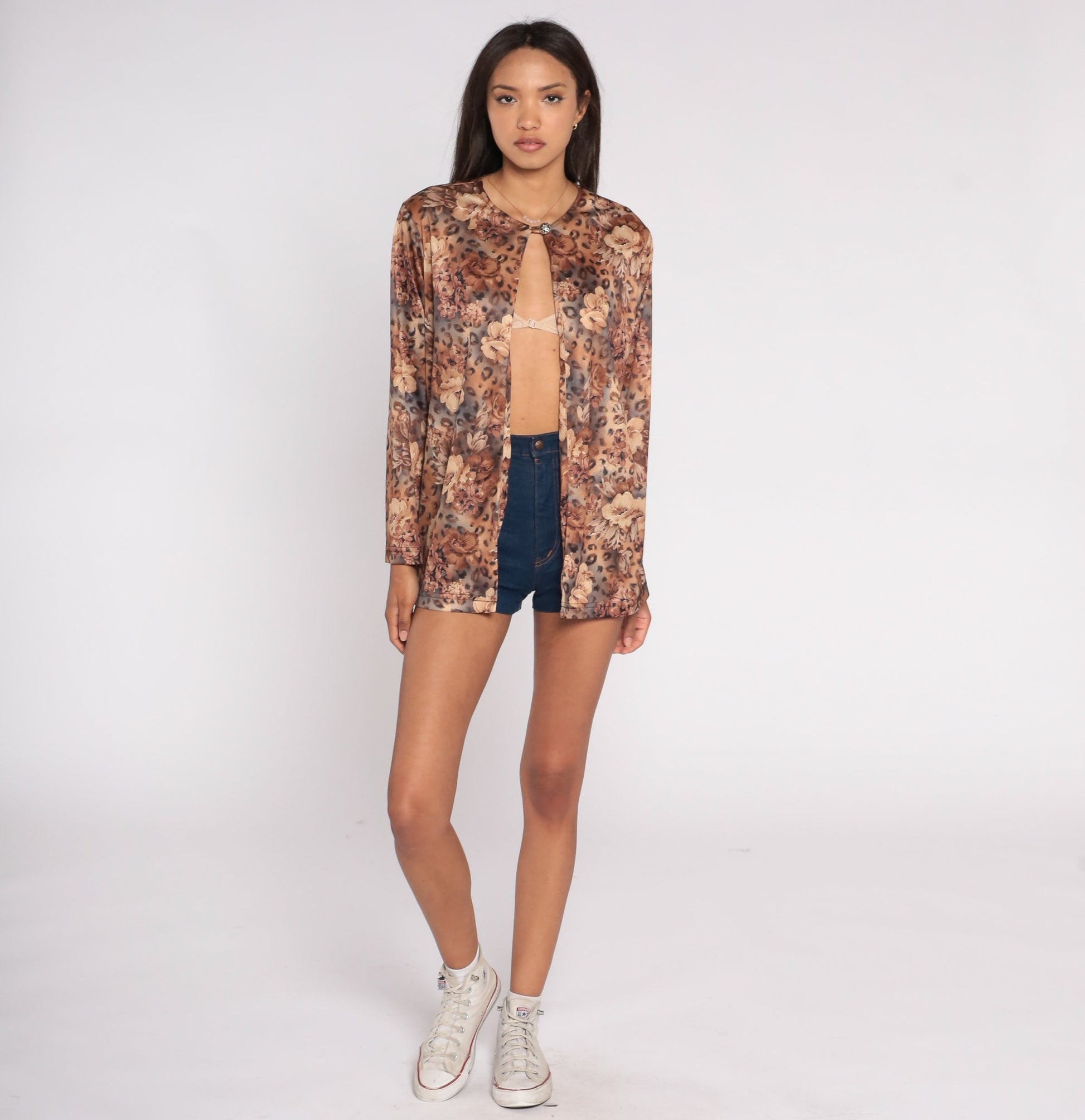 80s Floral Leopard Print Long Sleeve Blouse Animal Print Shirt Large