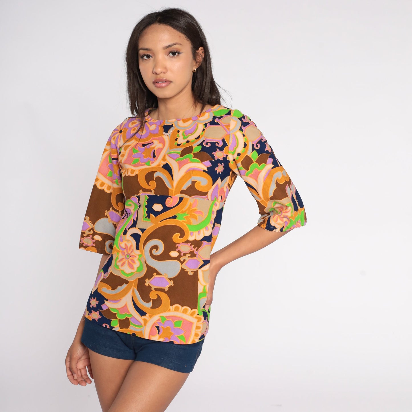 70s Floral Blouse Half-Sleeve Empire Waist Brown Psychedelic Shirt XS