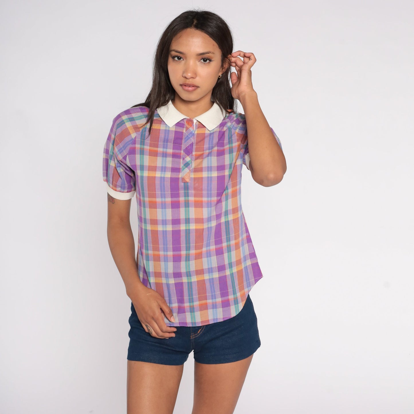 80s Plaid Button-Up Blouse Purple Orange Green Contrast Collar Short Sleeve Small