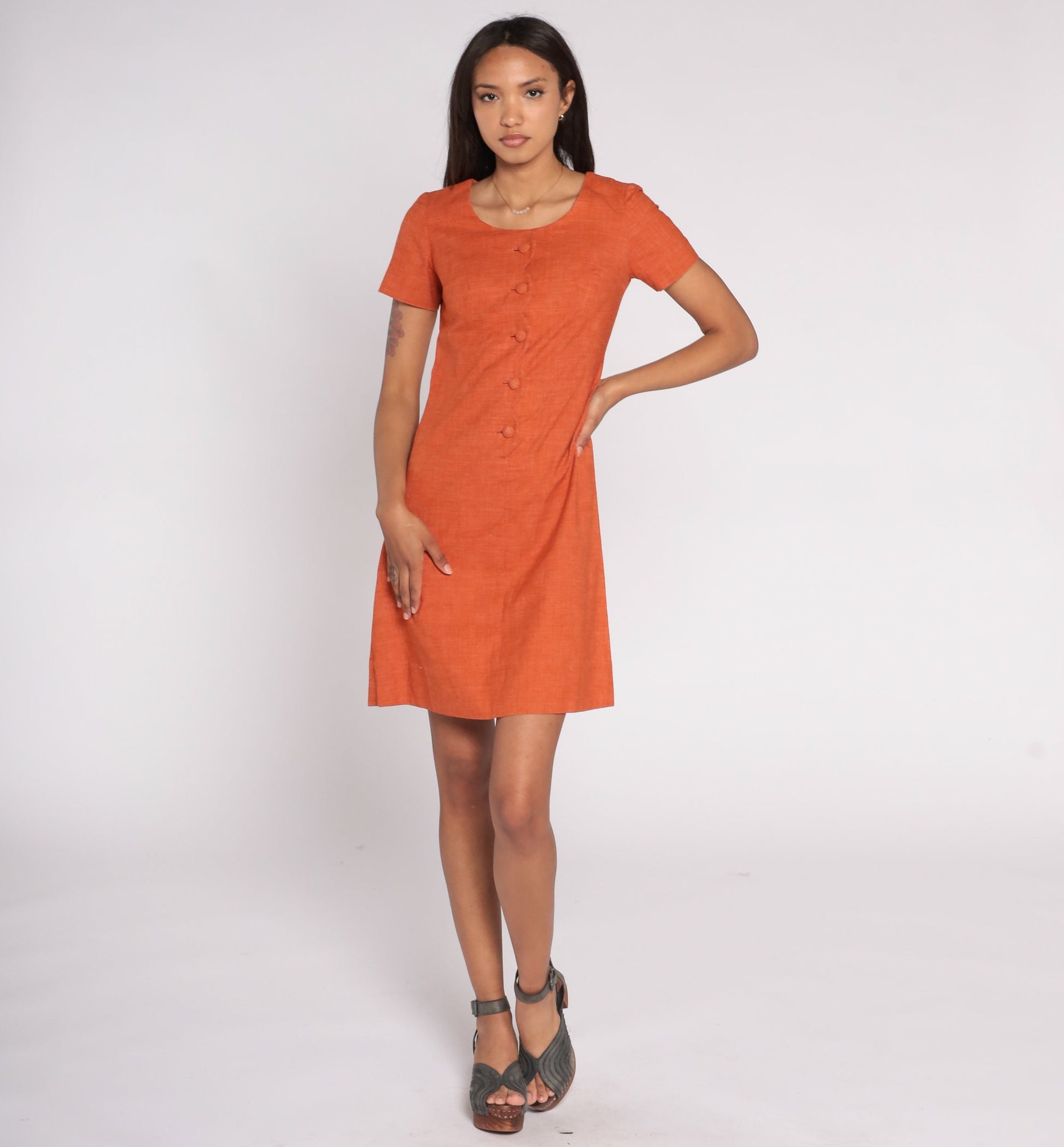 60s Burnt Orange Shift Dress Mini Button-Up Short Sleeve Cotton Extra Small