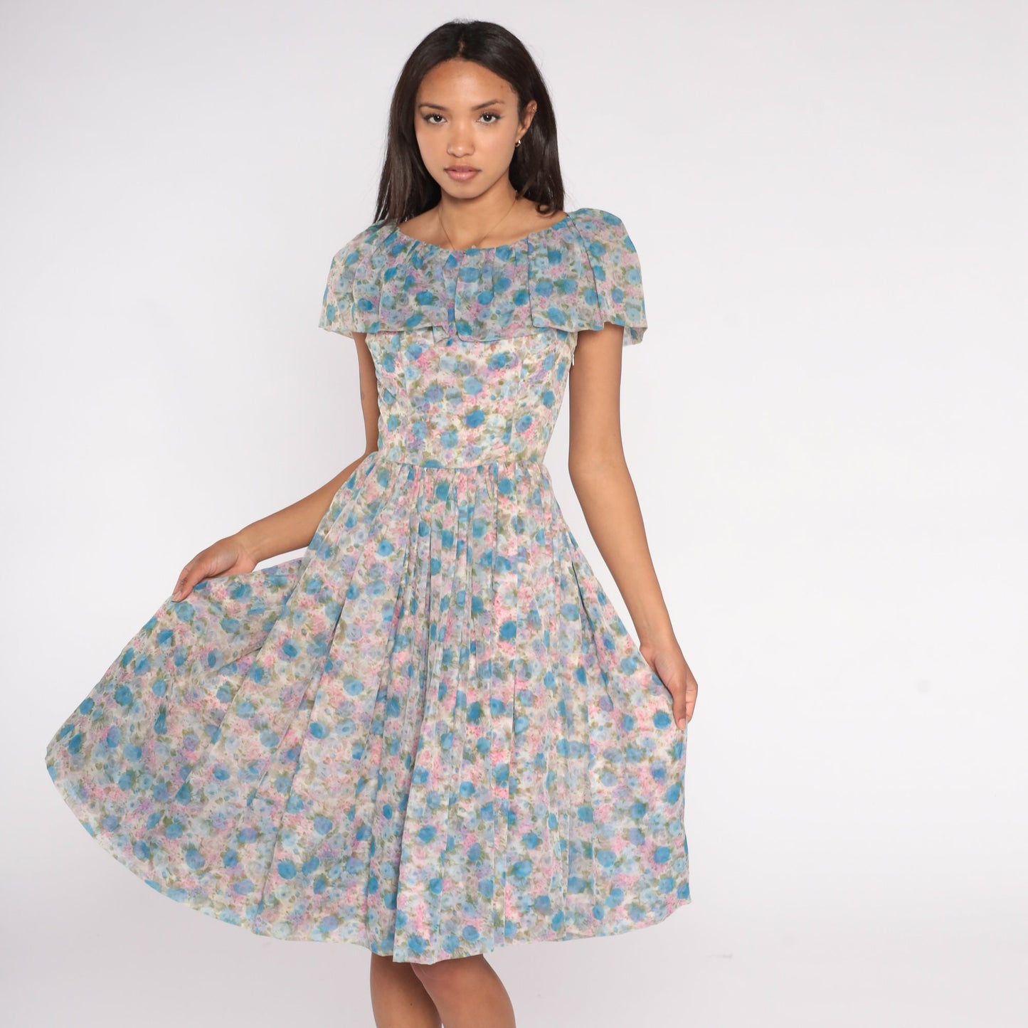 60s Floral Chiffon Midi Dress Ruffle Neckline High Waist Blue Pink Rose Small