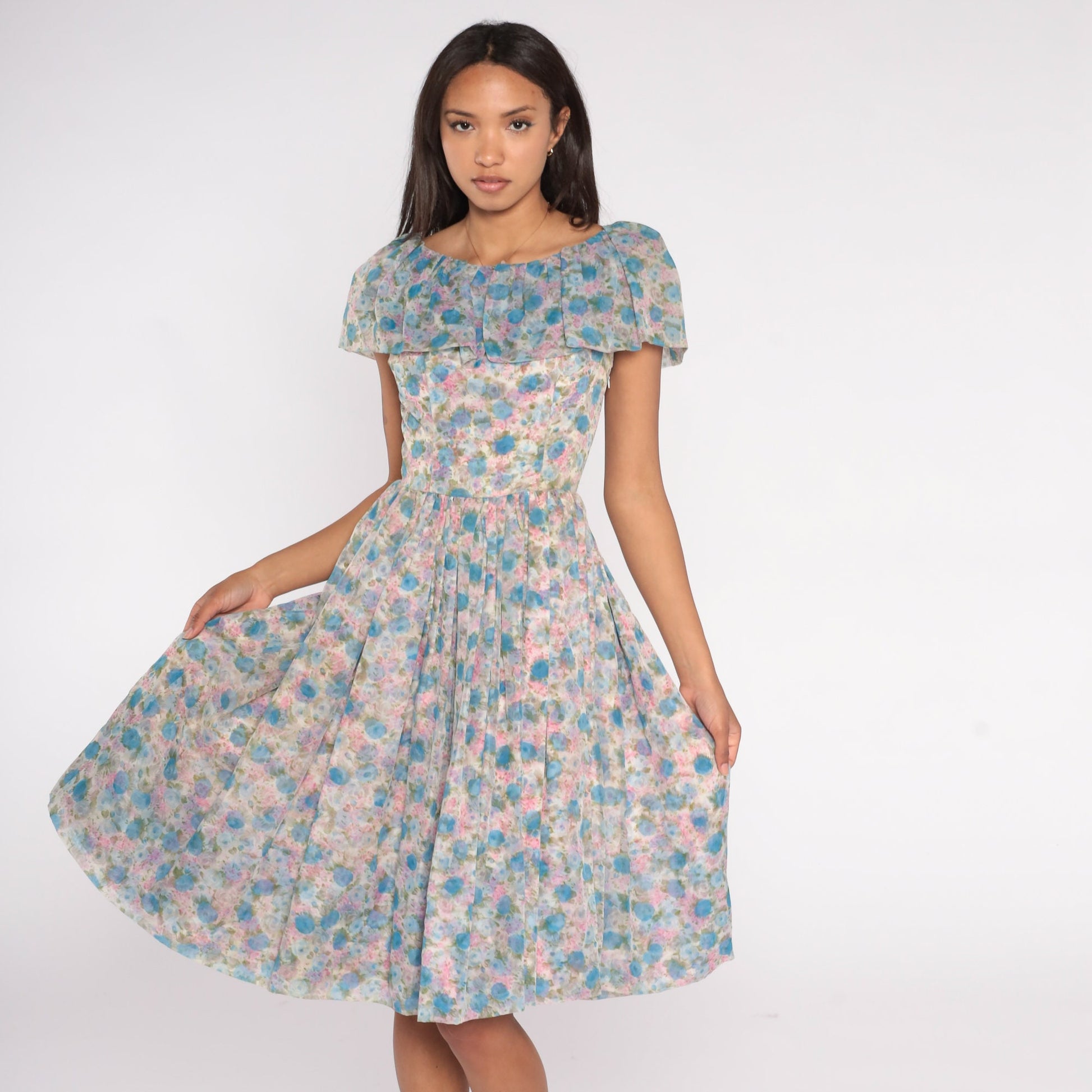 60s Floral Chiffon Midi Dress Ruffle Neckline High Waist Blue Pink Rose Small
