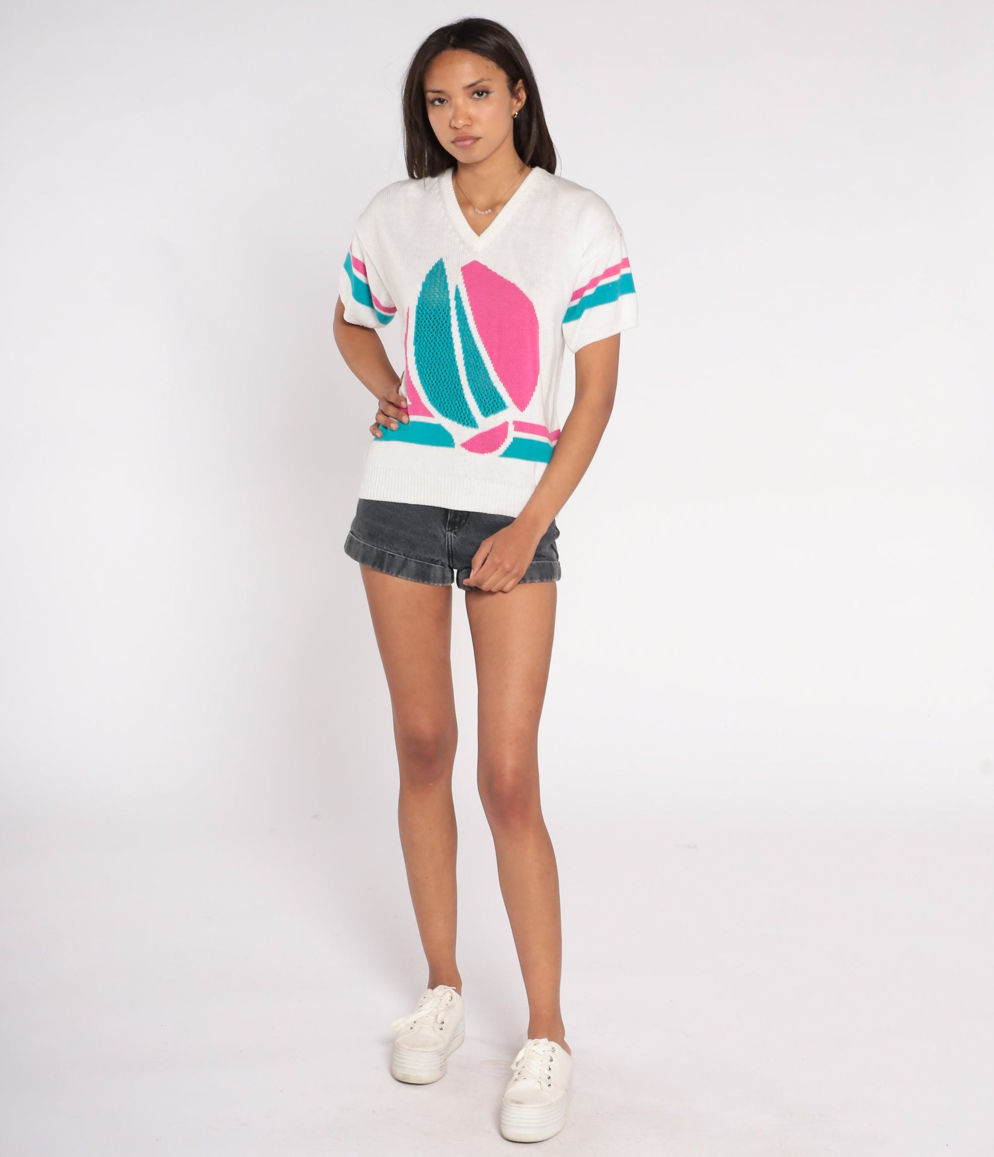 80s Sailboat Nautical Knit Sweater White Pink Blue Cutout Short Sleeve Small S