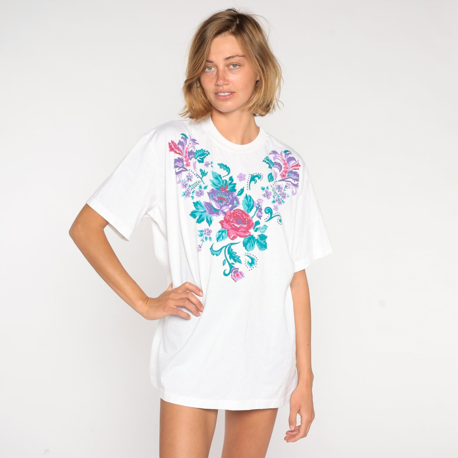 90s Floral Rose Graphic T-Shirt White Cotton Tee Extra Large XXL