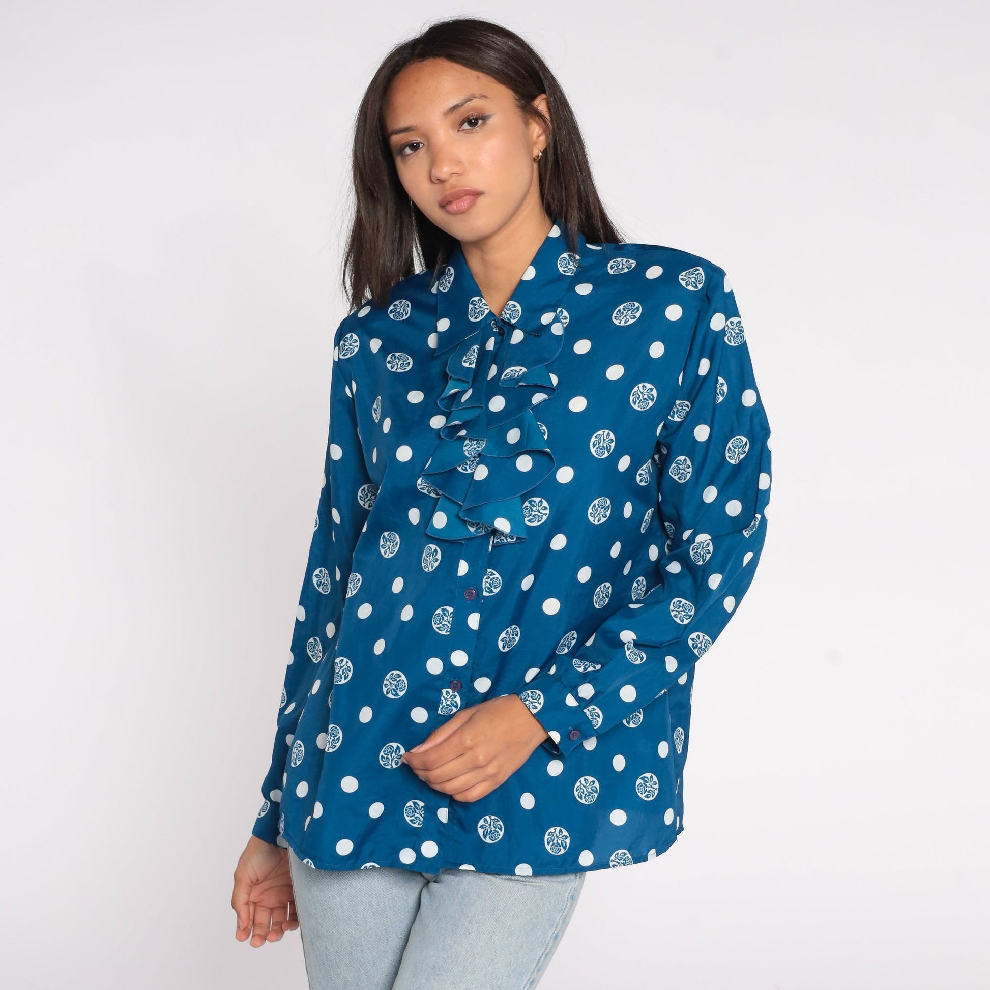 80s Blue Floral Polka Dot Jabot Blouse Button Up Long Sleeve Large L